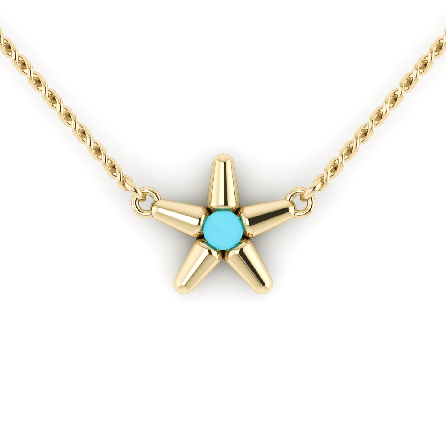 A gold starfish necklace with a blue stone in the center