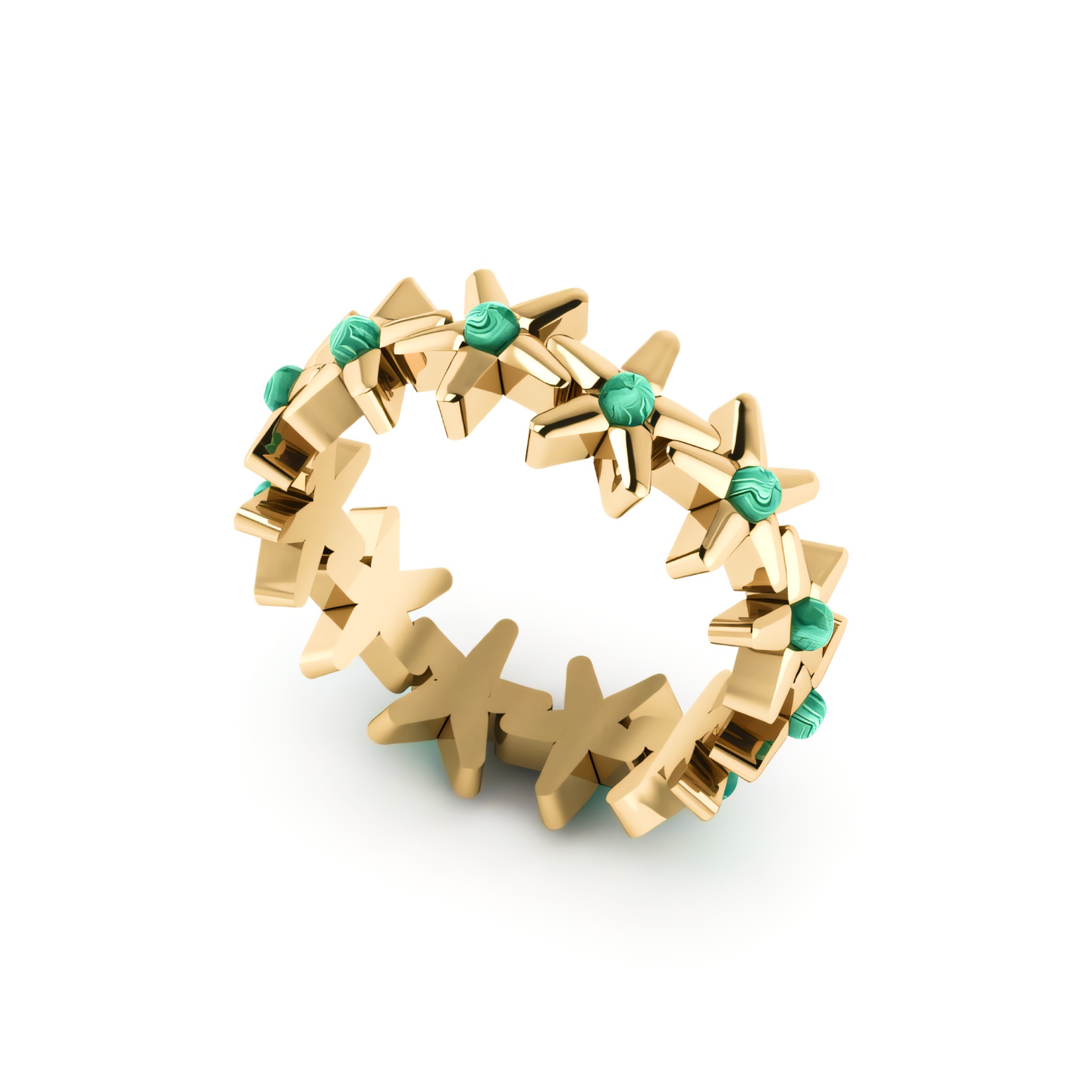 A yellow gold ring with emeralds and diamonds on a white background.