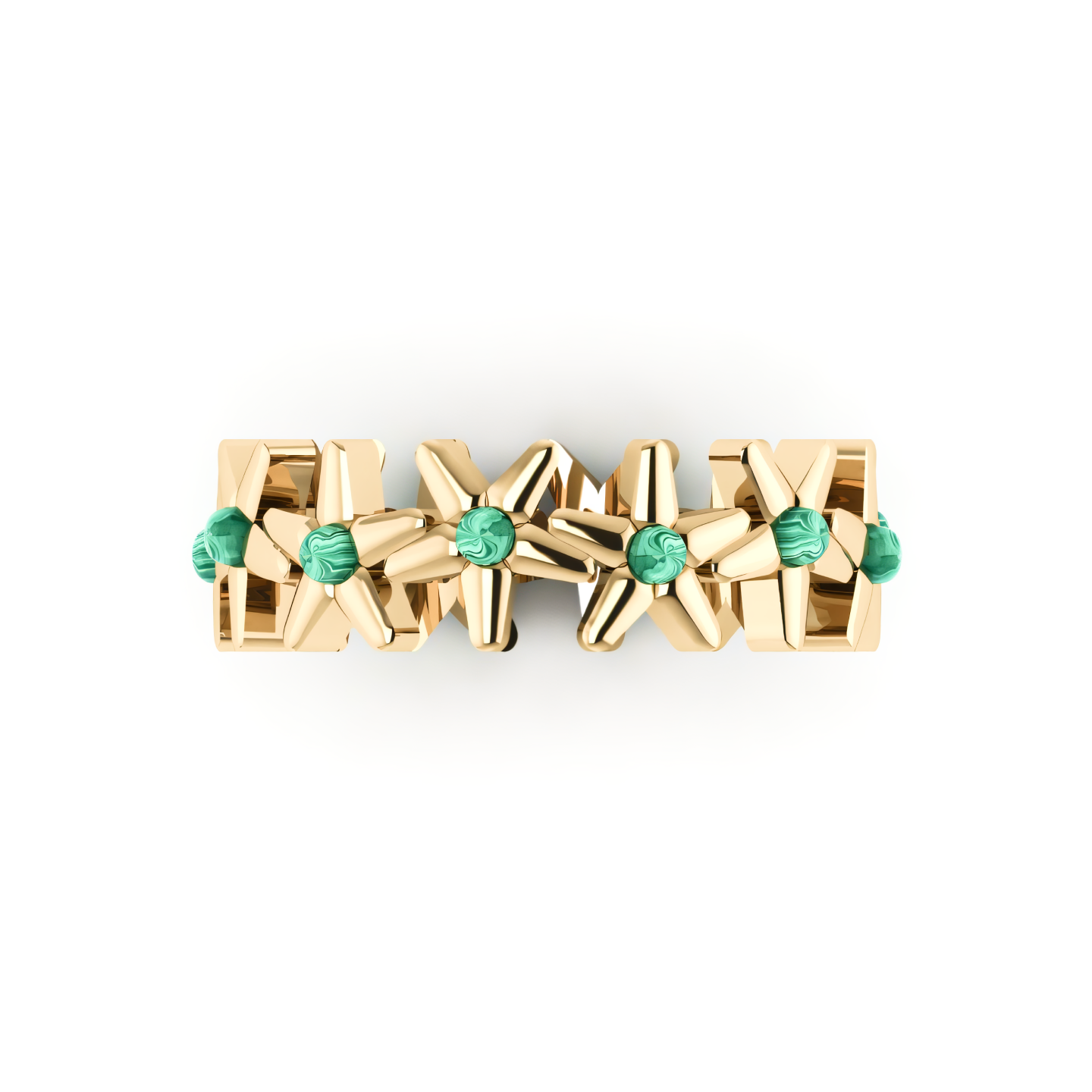 A yellow gold ring with emeralds and diamonds on a white background.