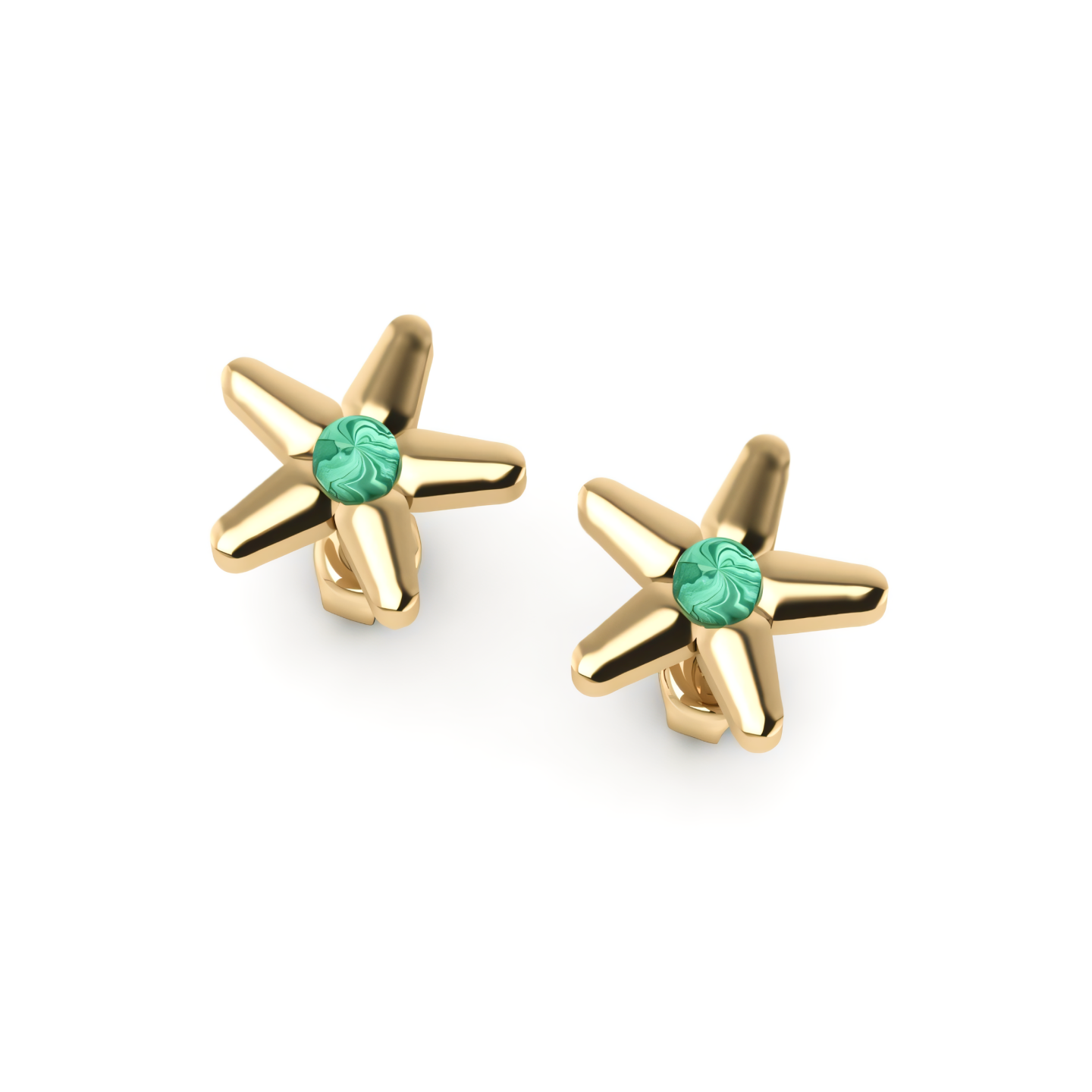A pair of gold starfish stud earrings with emeralds