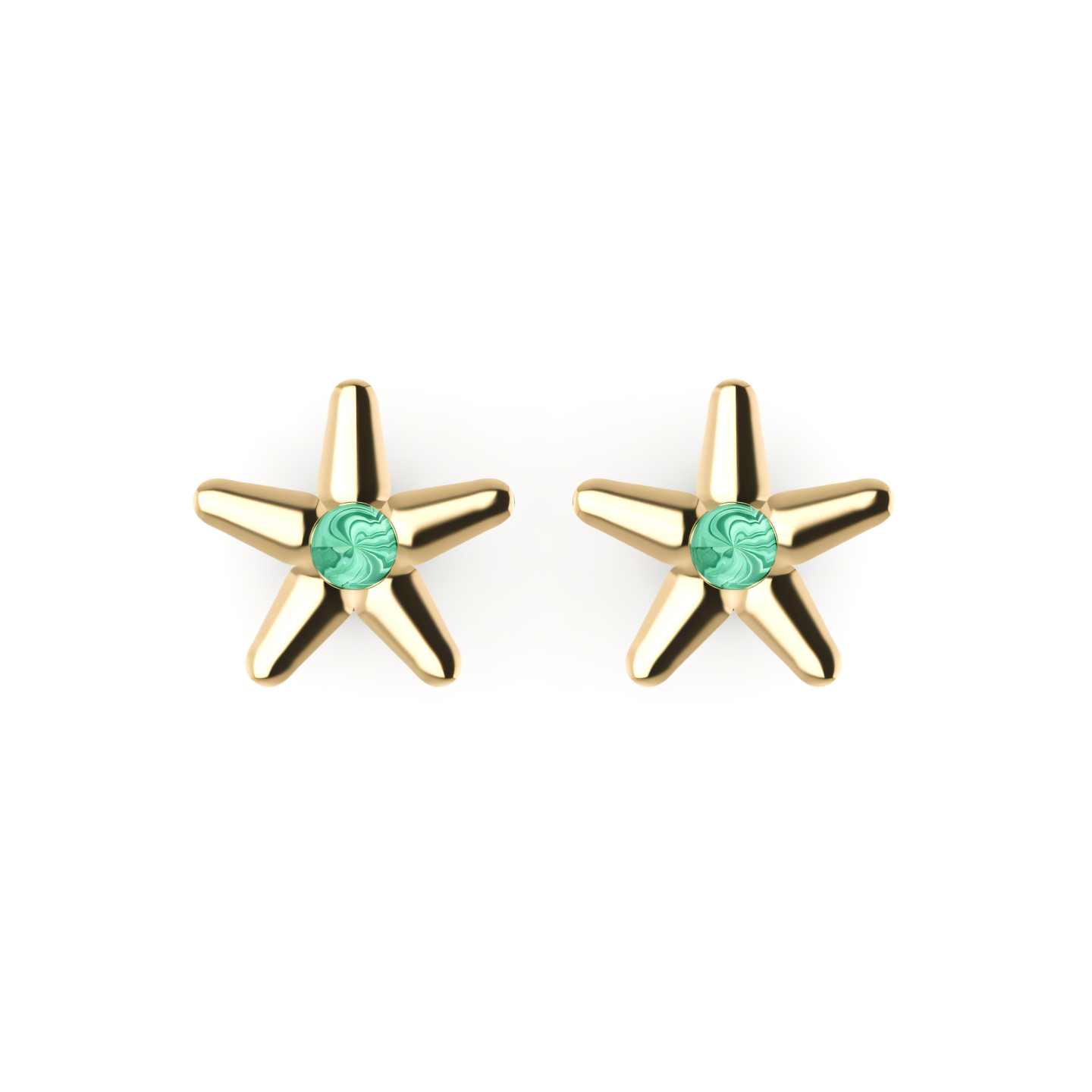 A pair of gold starfish stud earrings with emeralds