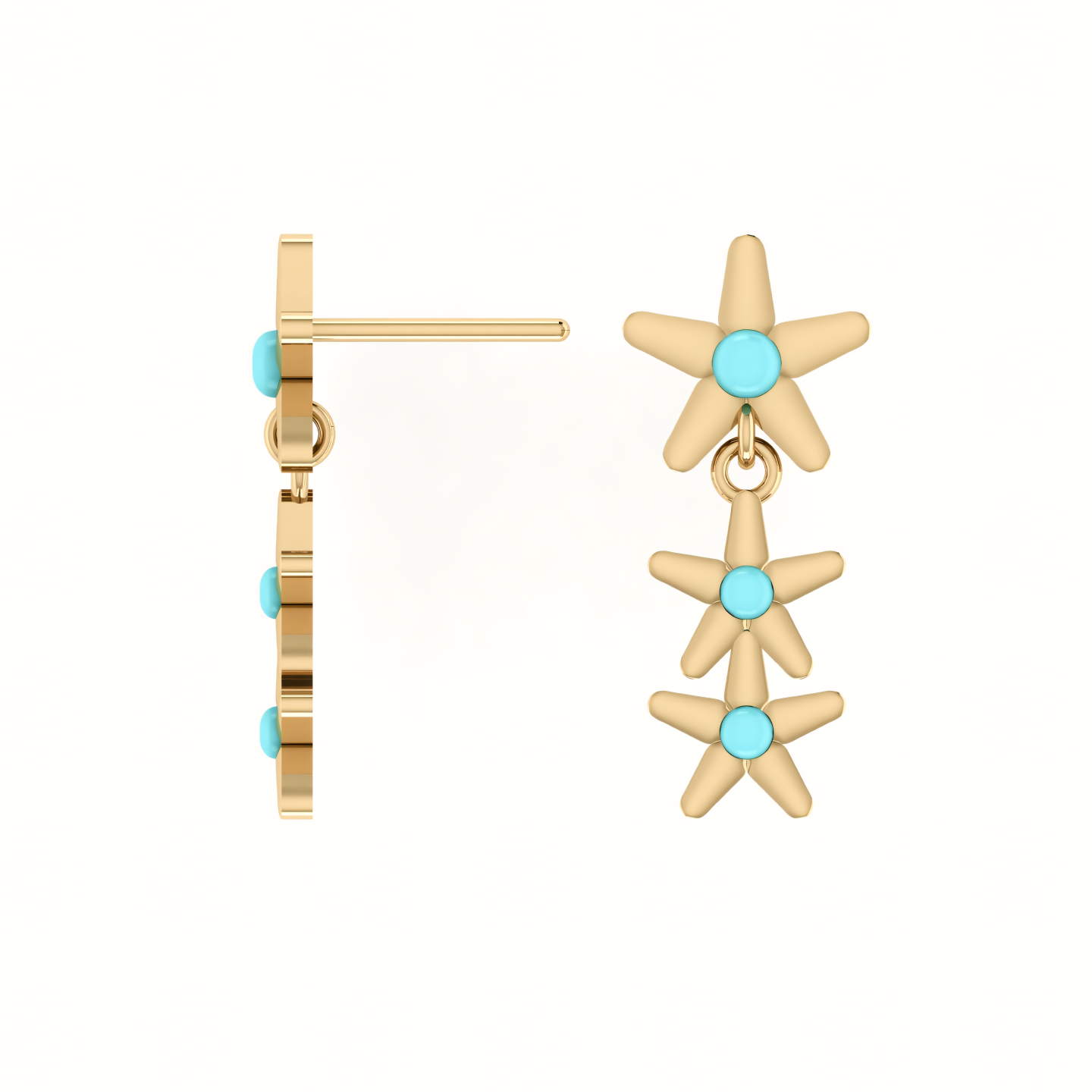 A pair of starfish earrings with turquoise beads on a white background.