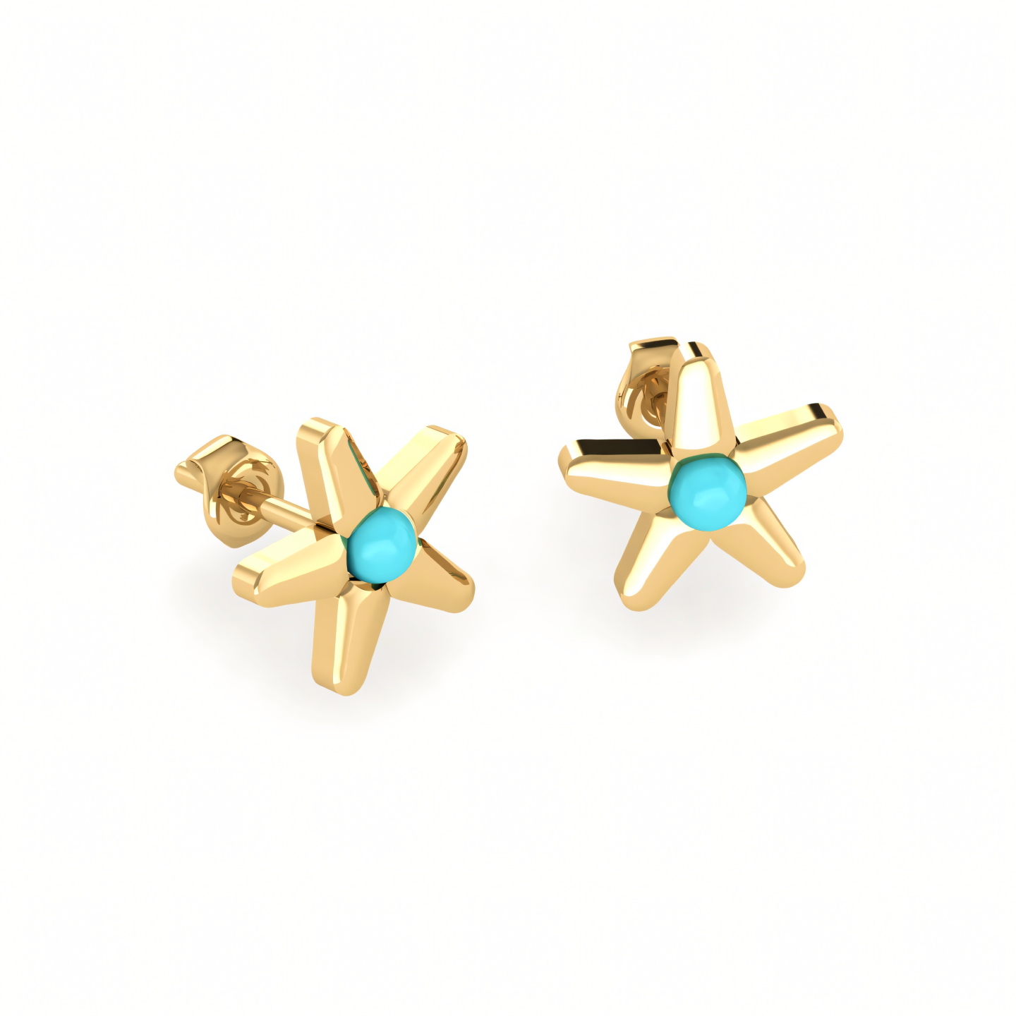 A pair of starfish stud earrings with a turquoise stone in the center.
