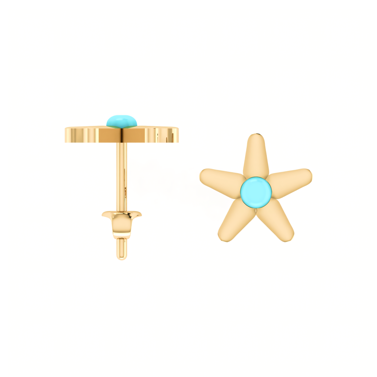 A pair of starfish stud earrings with a turquoise stone in the center.