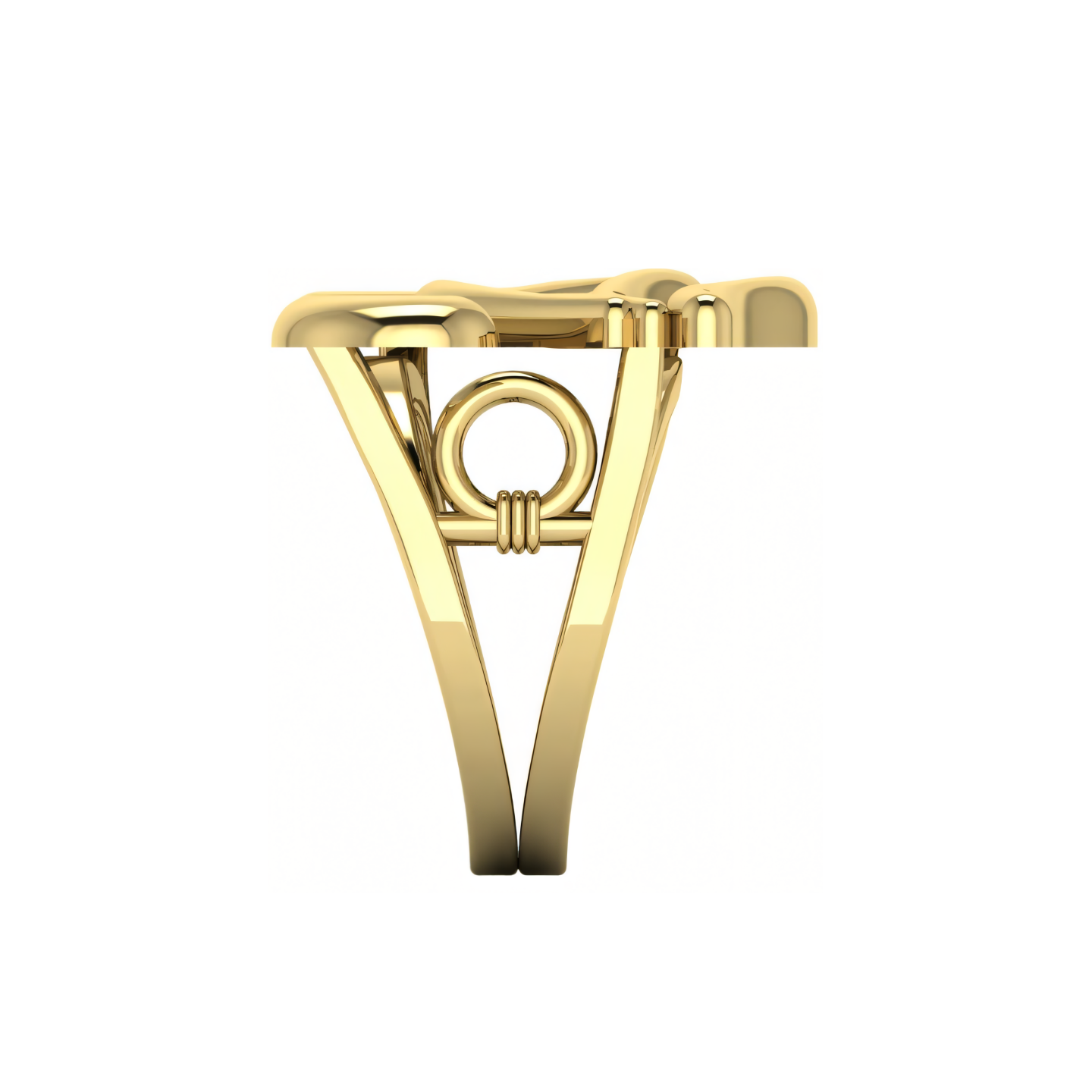 A yellow gold ring with a blue stone in the center