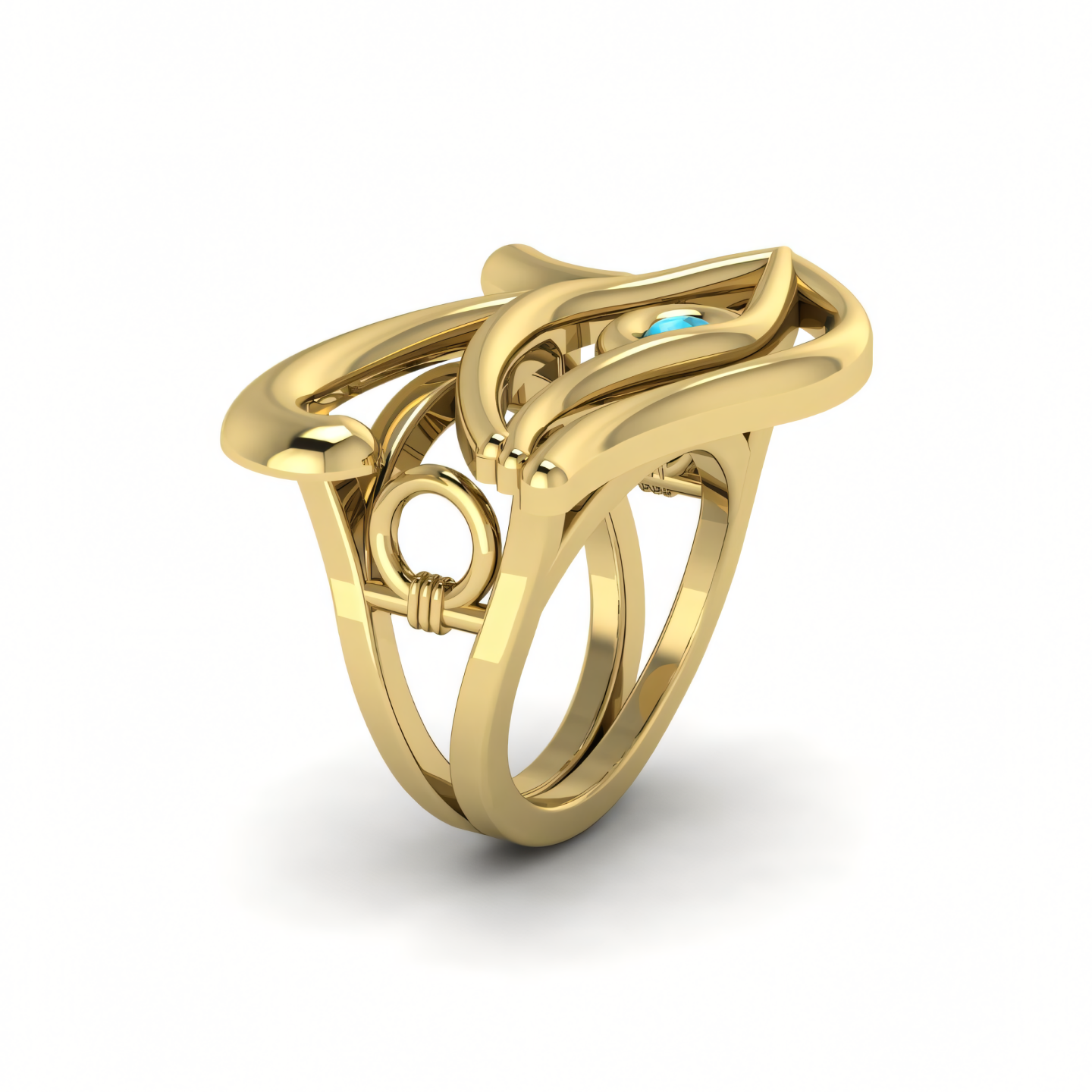 A yellow gold ring with a blue stone in the center