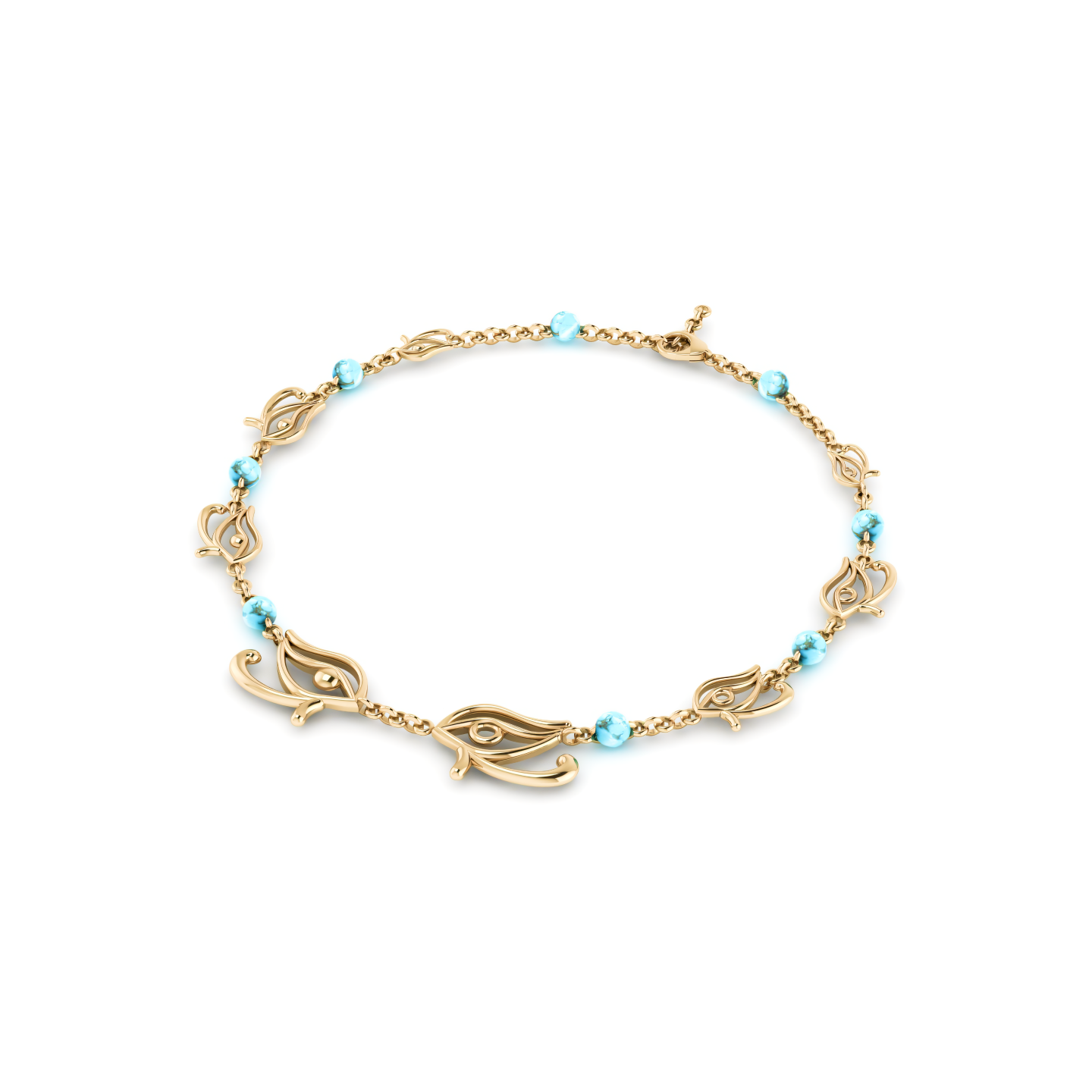 A gold necklace with blue beads on a white background