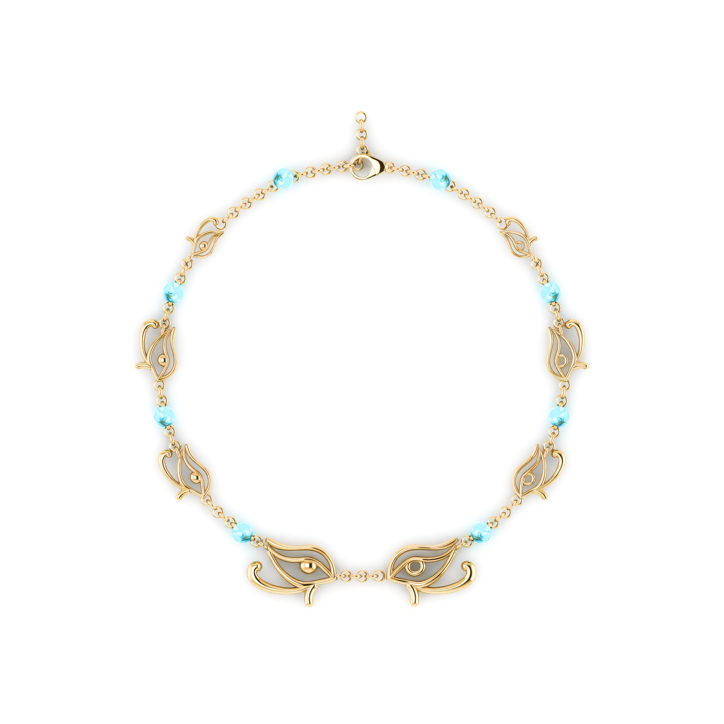 A gold necklace with blue beads on a white background