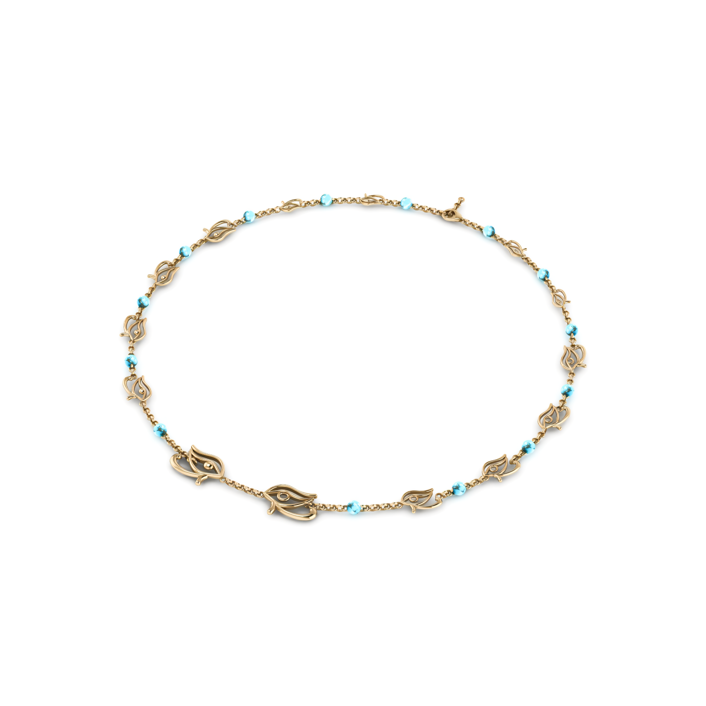 A gold necklace with blue beads on a white background