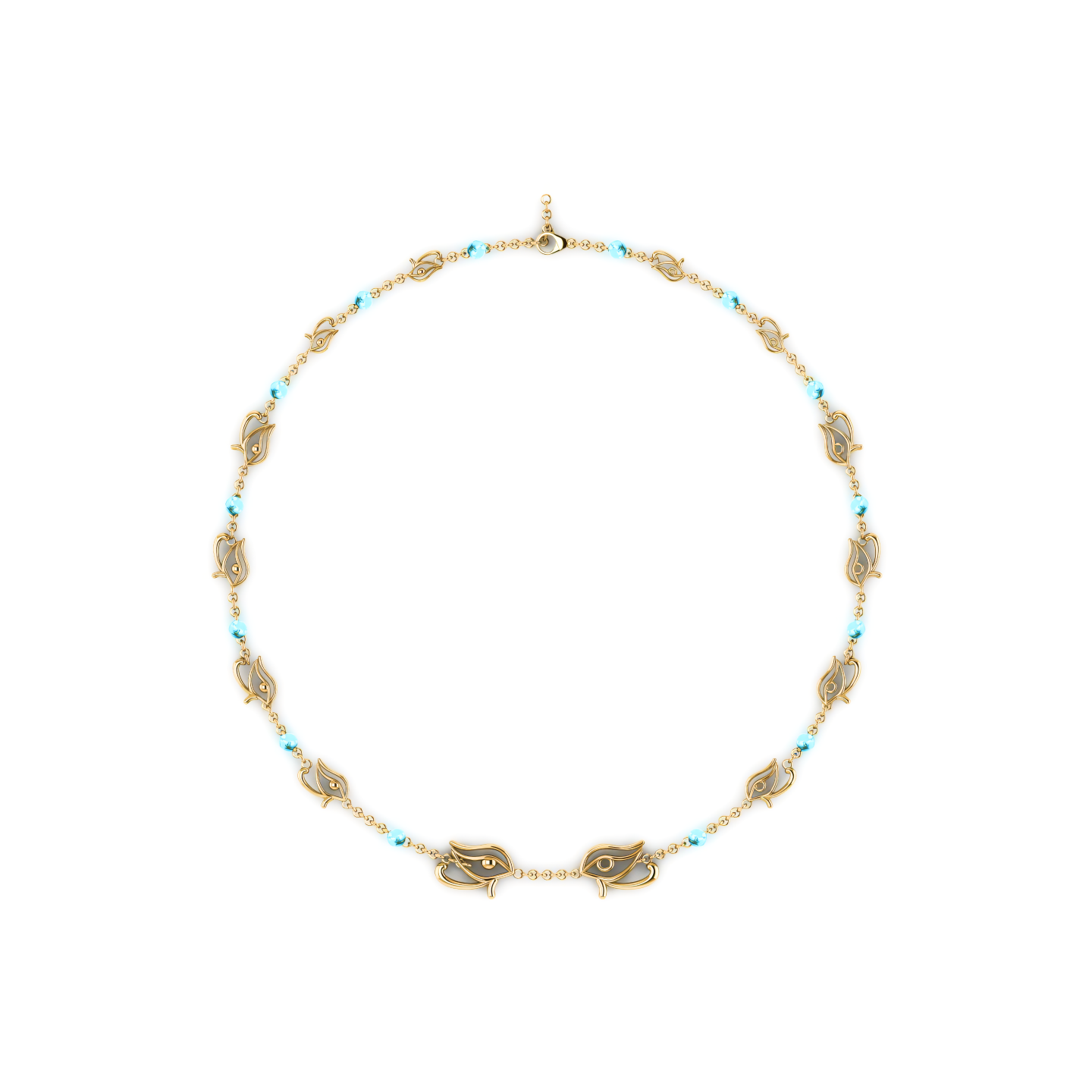 A gold necklace with blue beads on a white background
