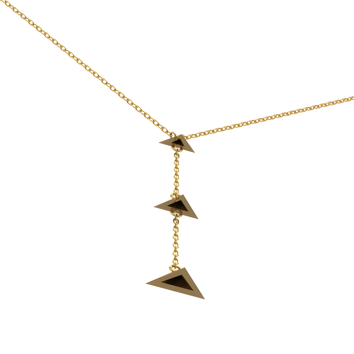 A gold necklace with three triangles on a chain