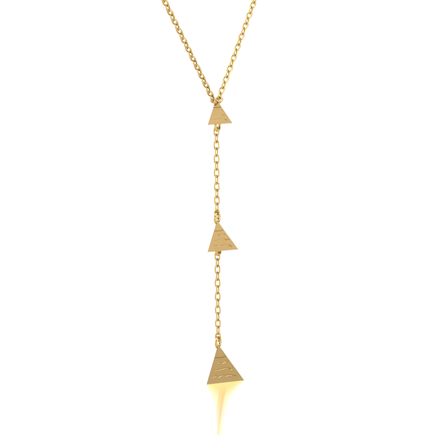 A gold necklace with three triangles on a chain