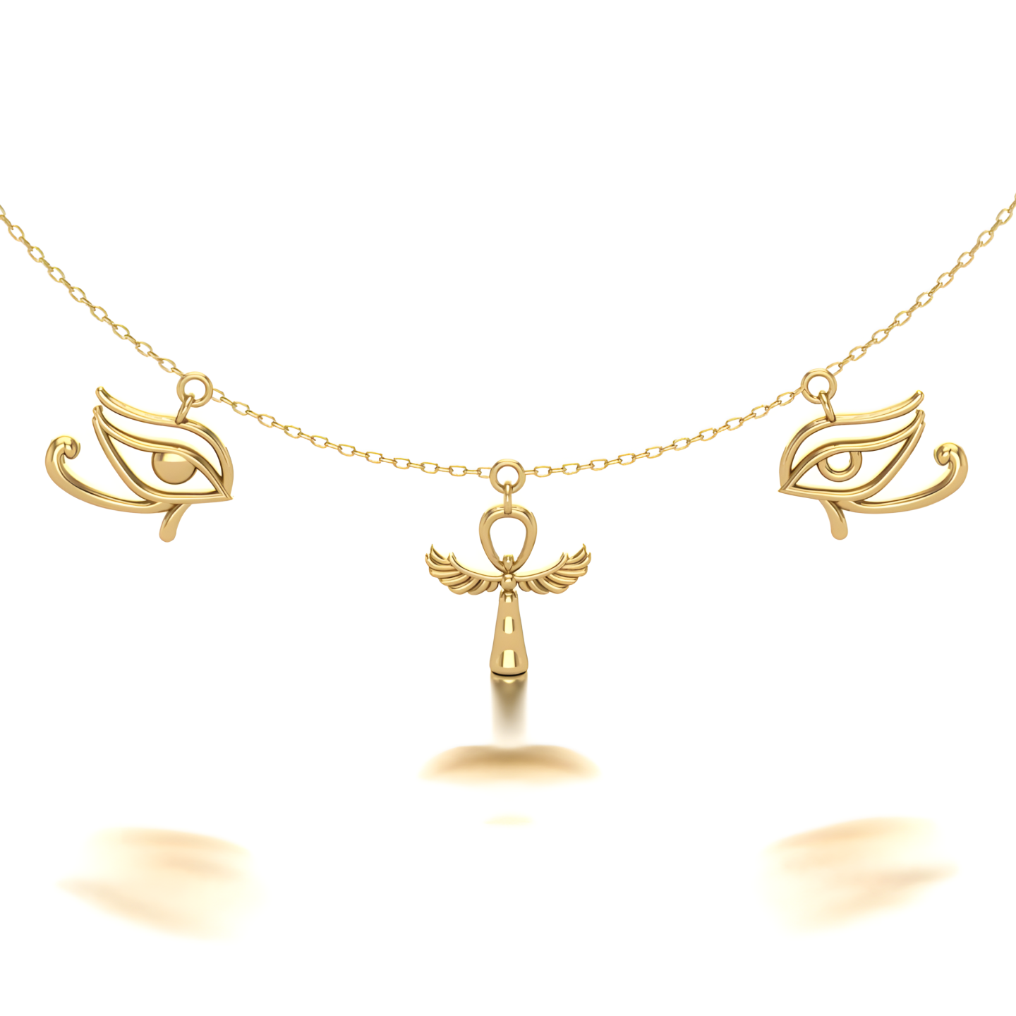 A gold necklace with an ankh and two evil eye pendants