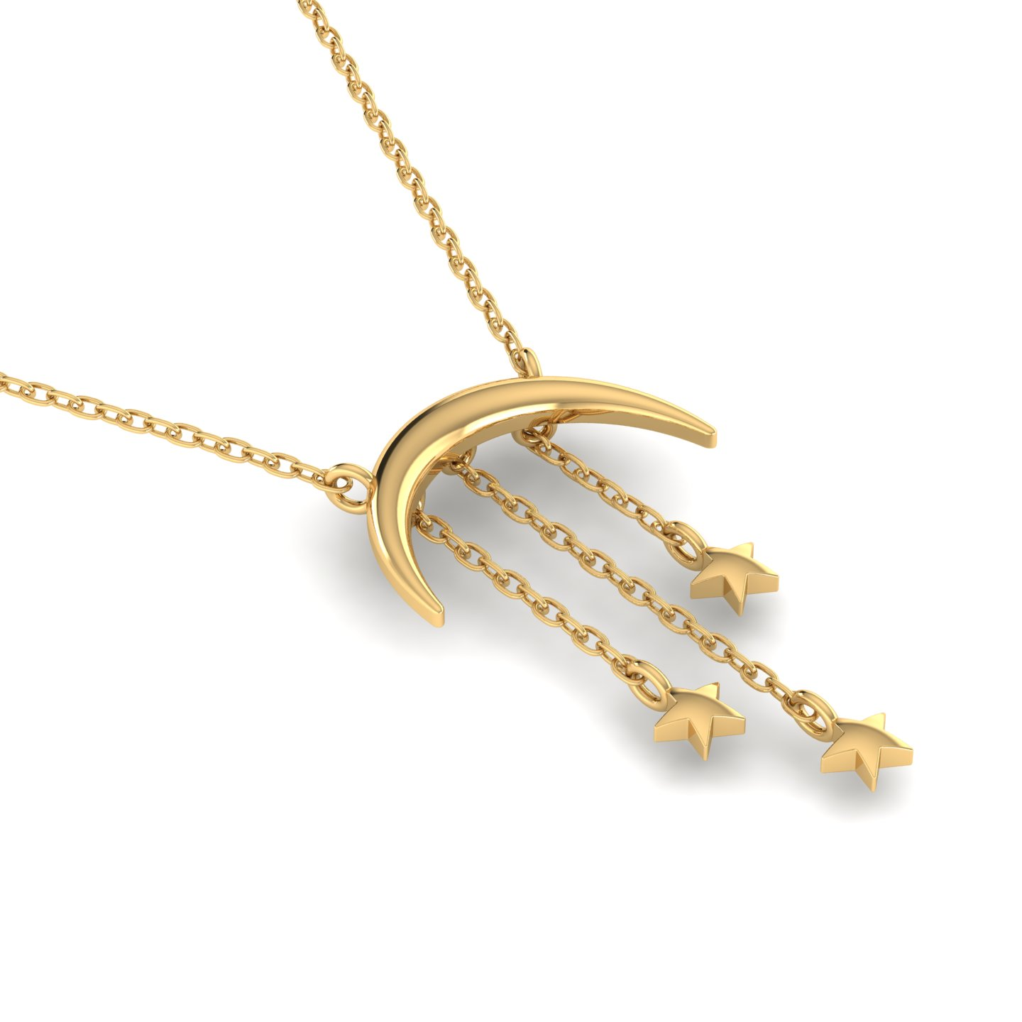 A gold necklace with a crescent moon and three stars