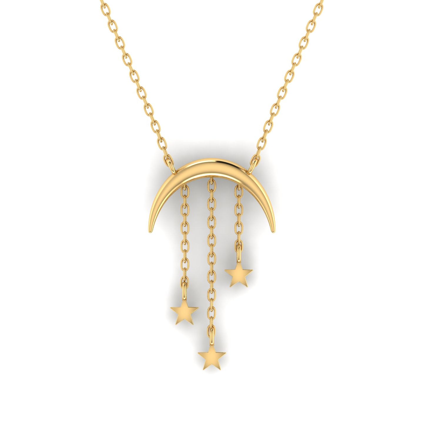 A gold necklace with a crescent moon and three stars