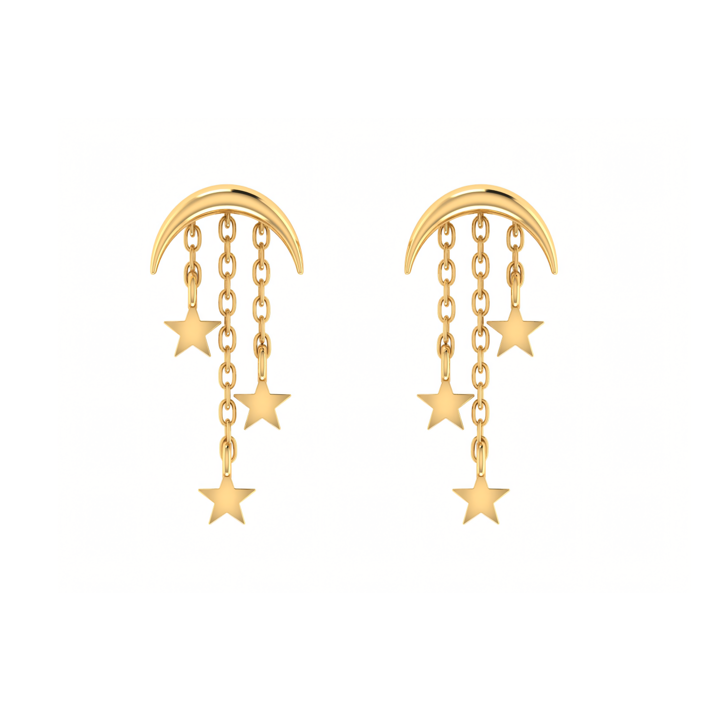 A pair of gold earrings with a crescent moon and stars