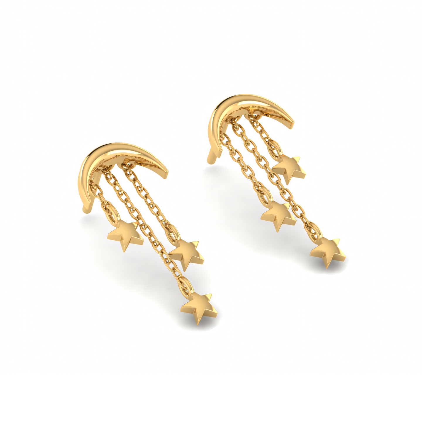 A pair of gold earrings with a crescent moon and stars