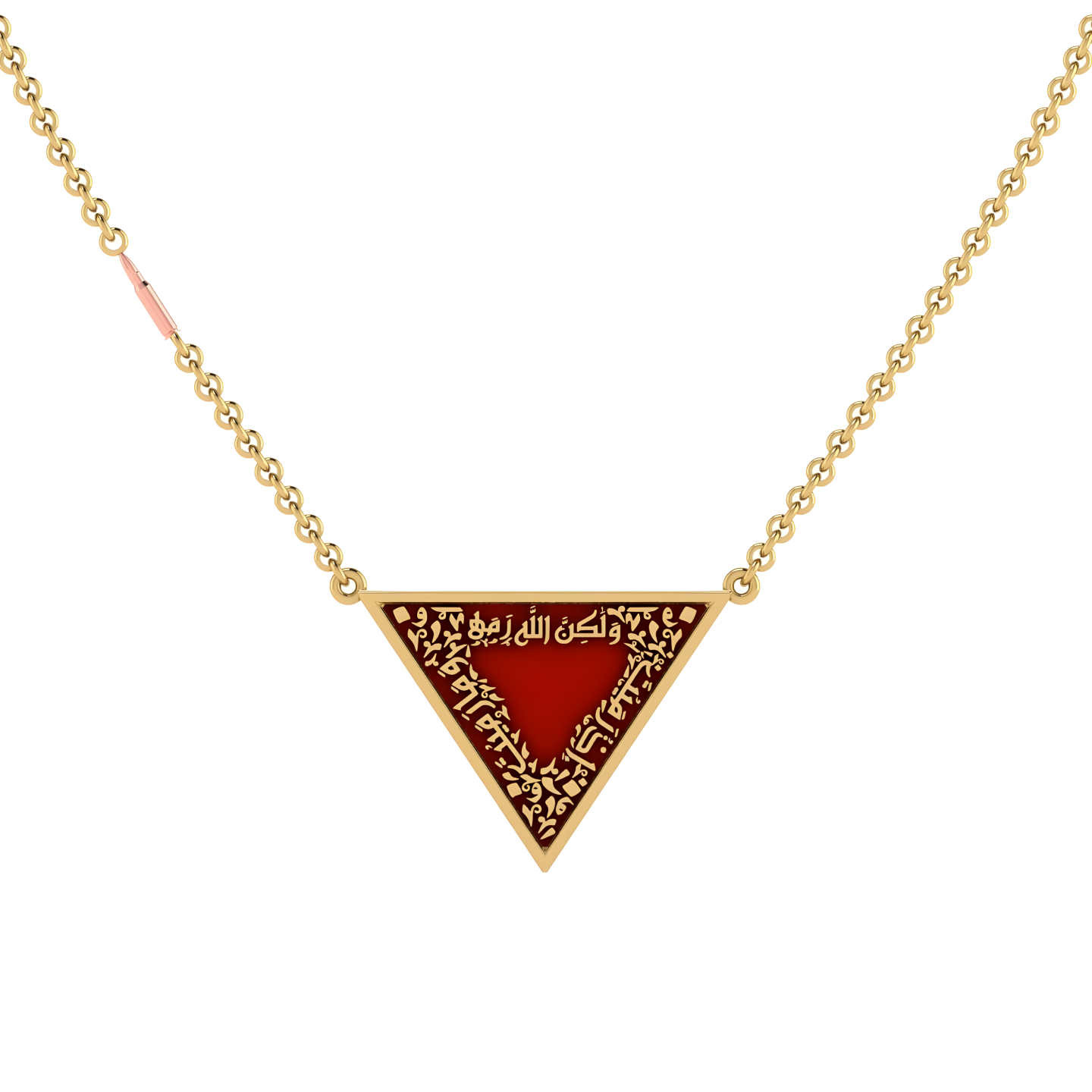 A necklace with a red triangle shaped pendant on a gold chain