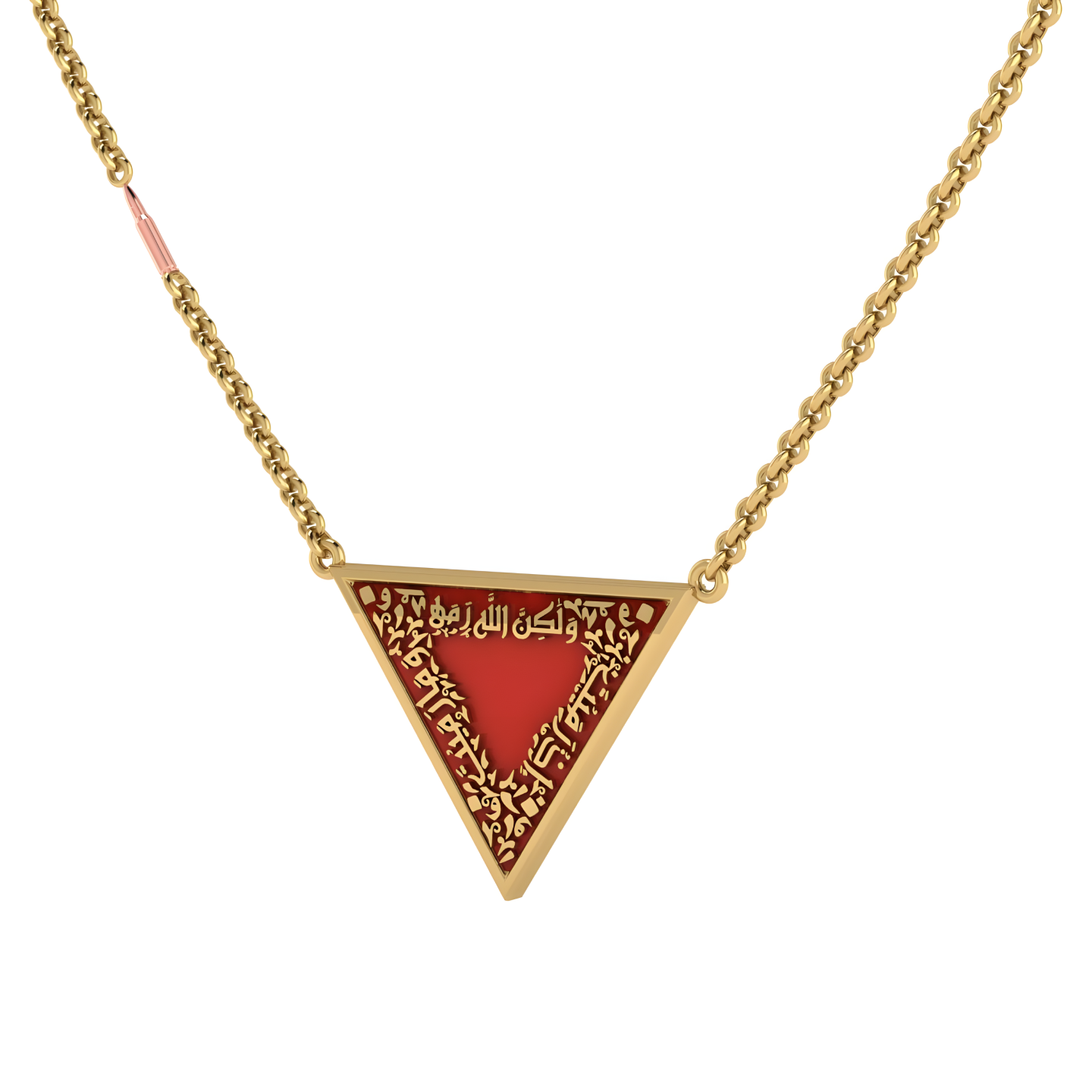 A necklace with a red triangle shaped pendant on a gold chain