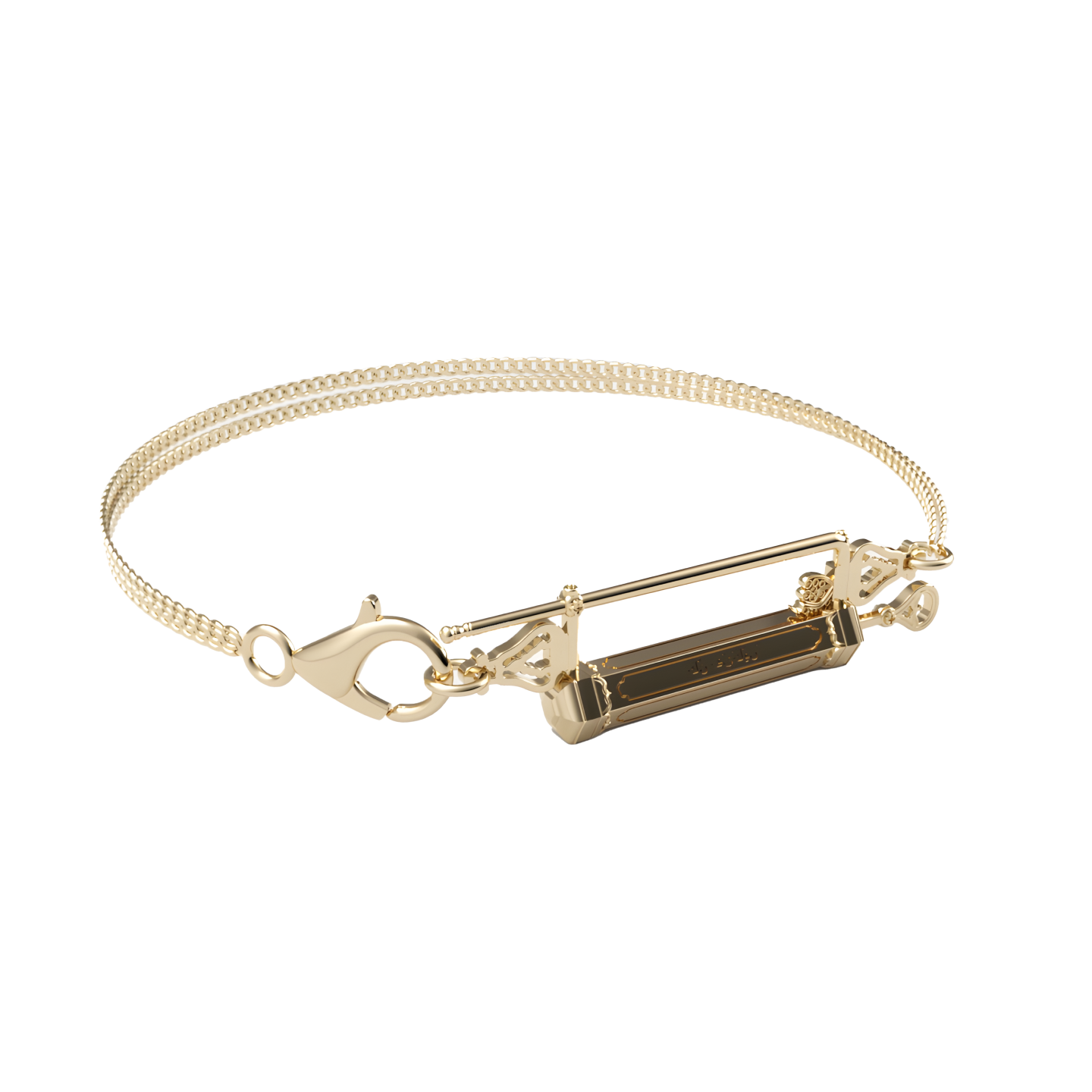 A gold bracelet with a lock on it on a white background.
