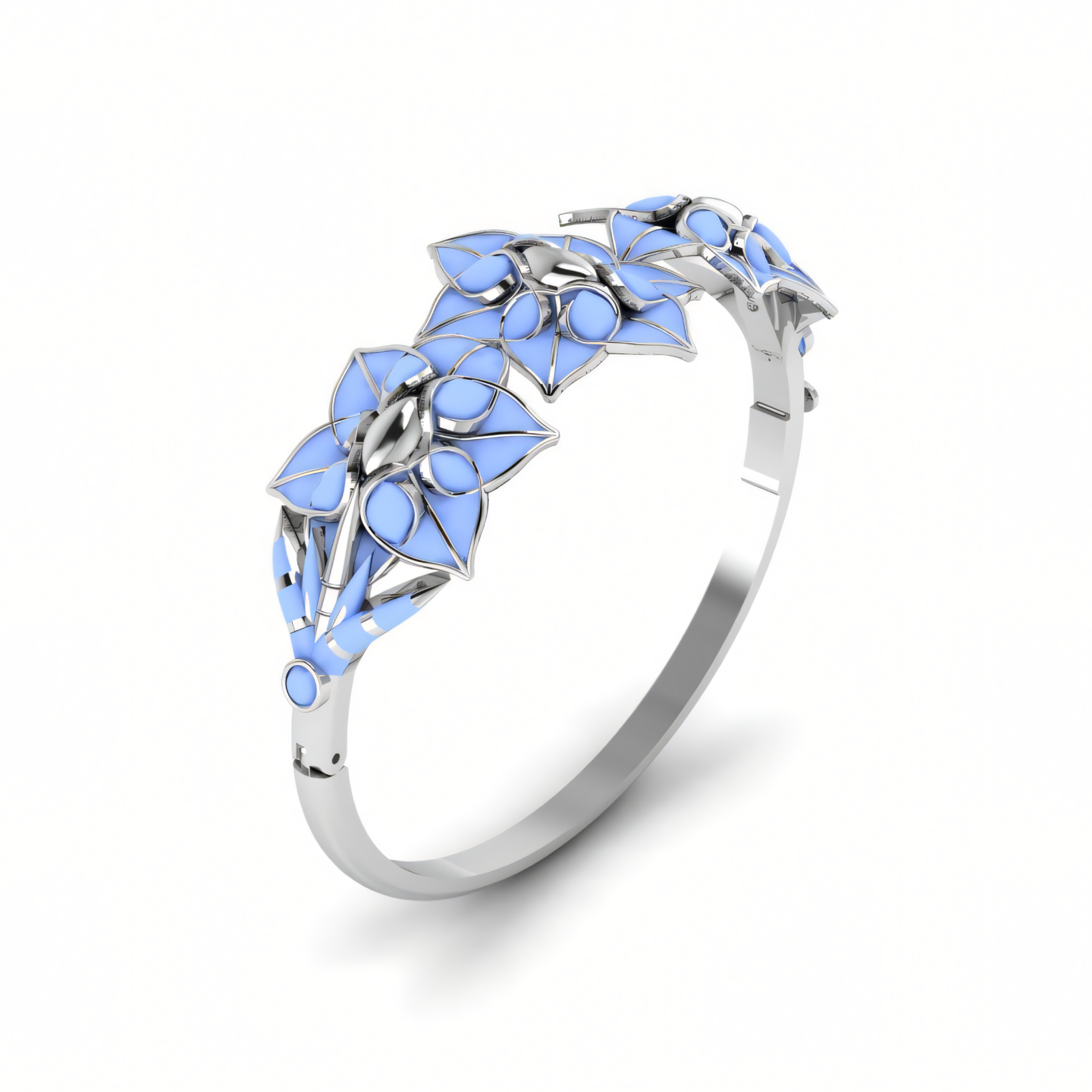 A silver ring with blue flowers on it on a white background.