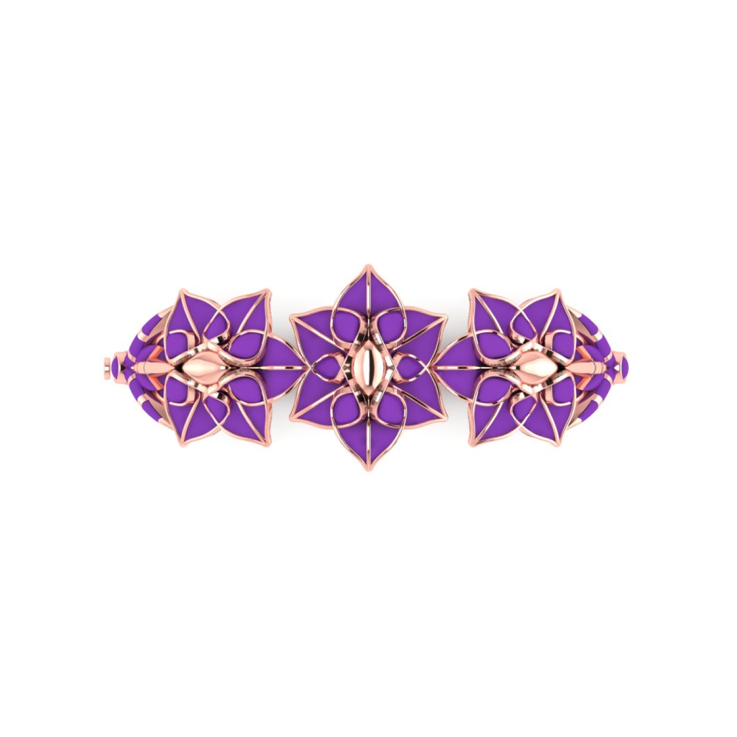 A rose gold ring with purple flowers on it
