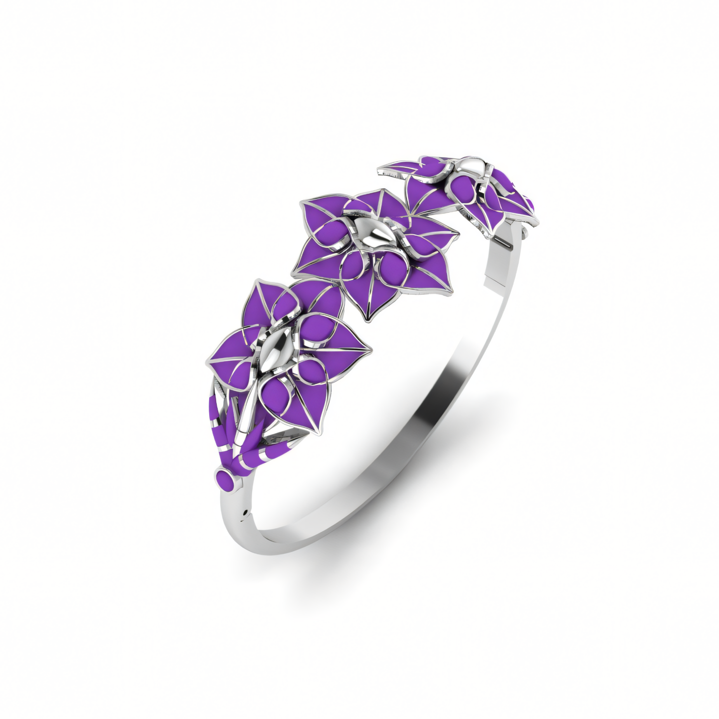 A silver ring with purple flowers on it