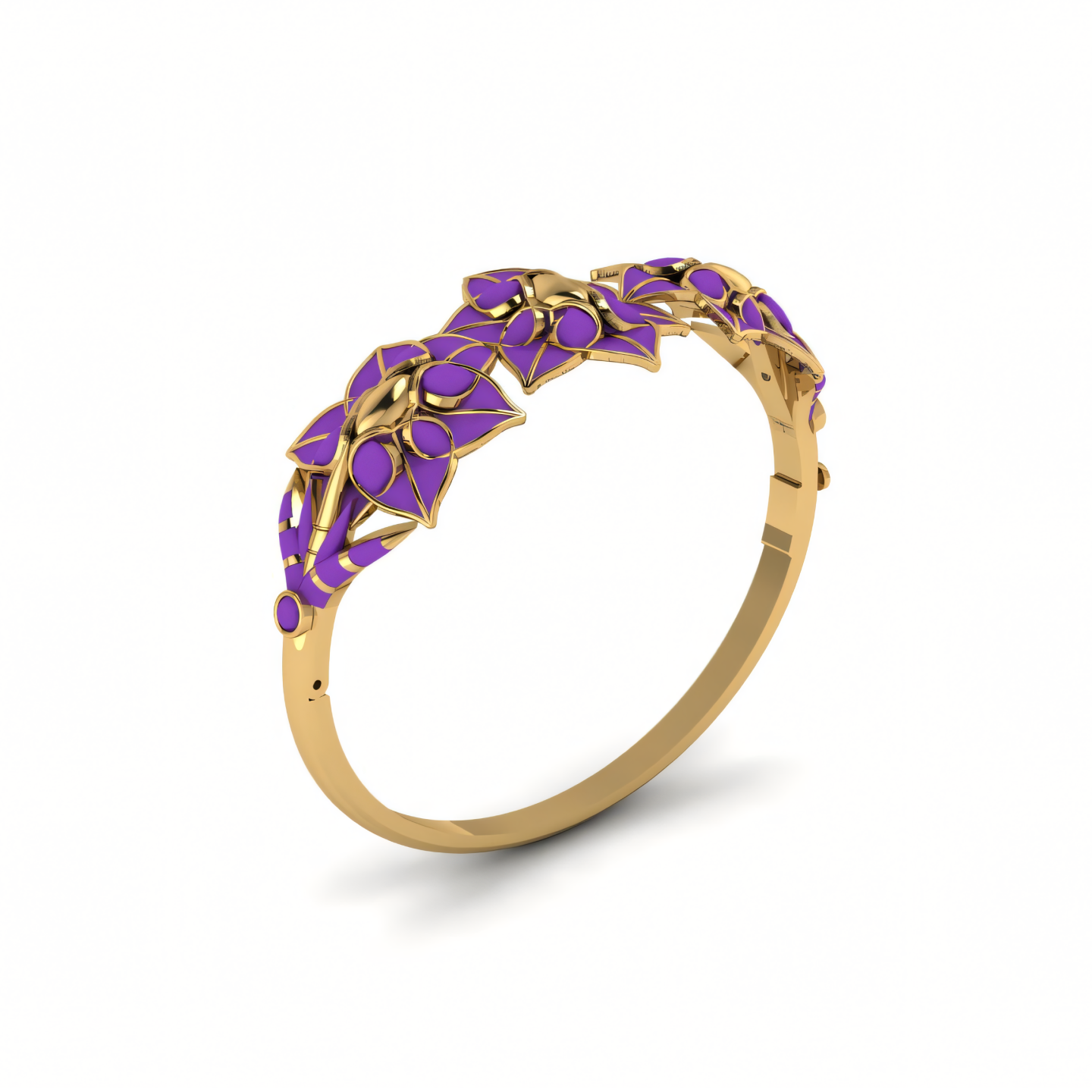 A gold ring with purple flowers on it