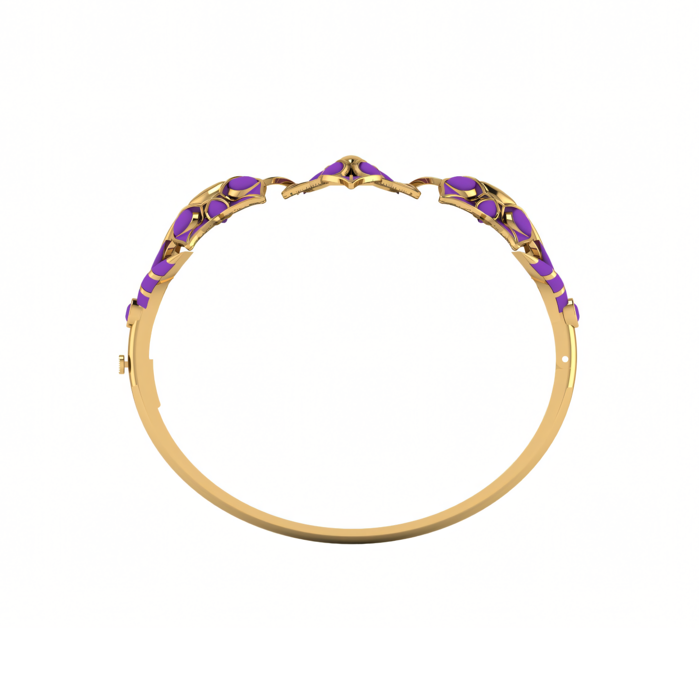 A gold ring with purple flowers on it
