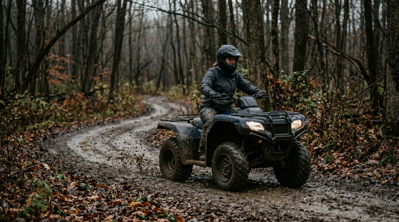 Rider on an ATV navigating a muddy trail through an Ohio woodland in early spring