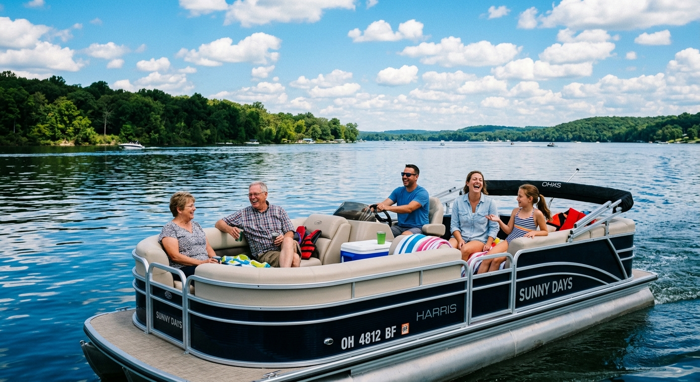 Pontoon boat on a calm Ohio lake at sunset with a family aboard and a marina visible in the background