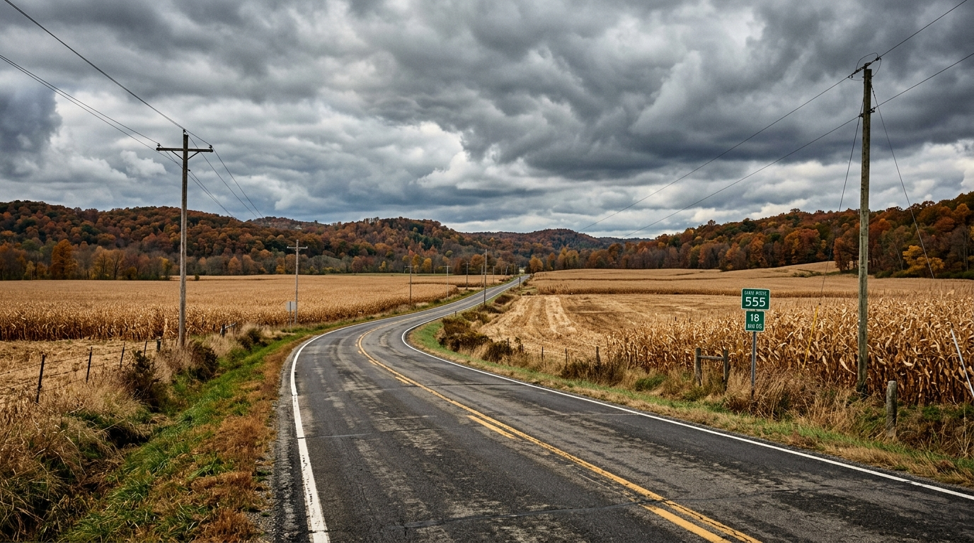 Rural Ohio highway with flat farmland on both sides under a partly cloudy winter sky near Van Wert