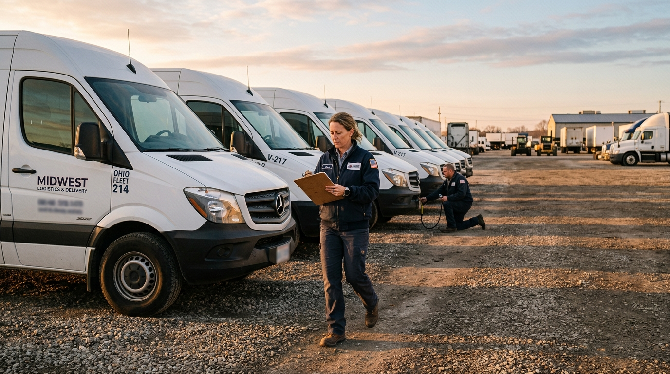 Row of commercial work trucks parked at a business lot in northwest Ohio on a clear morning