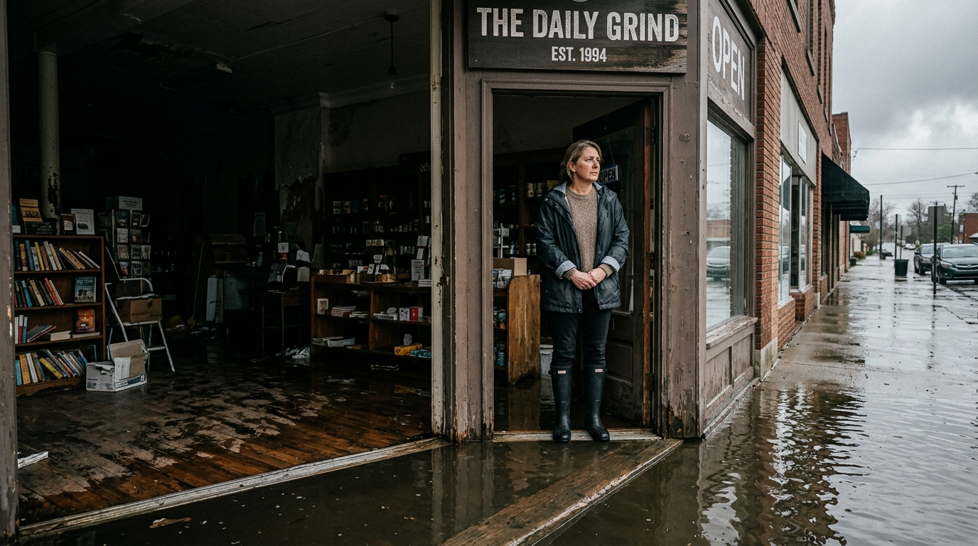 A commercial building on a flooded Ohio street with murky water surrounding the entrance and a parking lot submerged