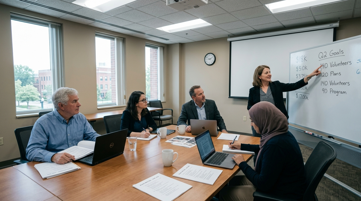 Ohio nonprofit board members seated around a conference table reviewing documents during a formal meeting