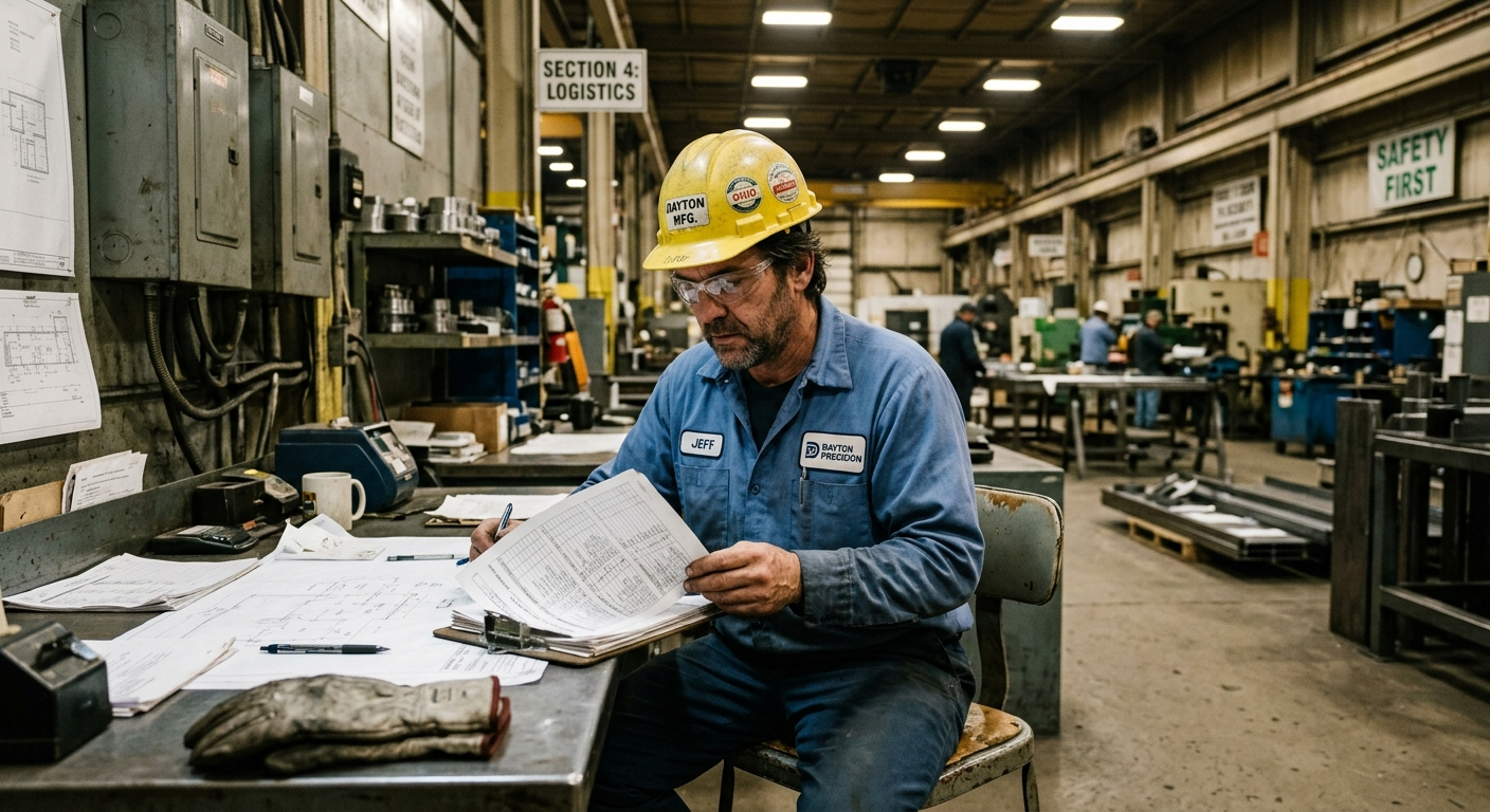 Ohio worker reviewing disability insurance documents at a desk with a calculator and policy paperwork