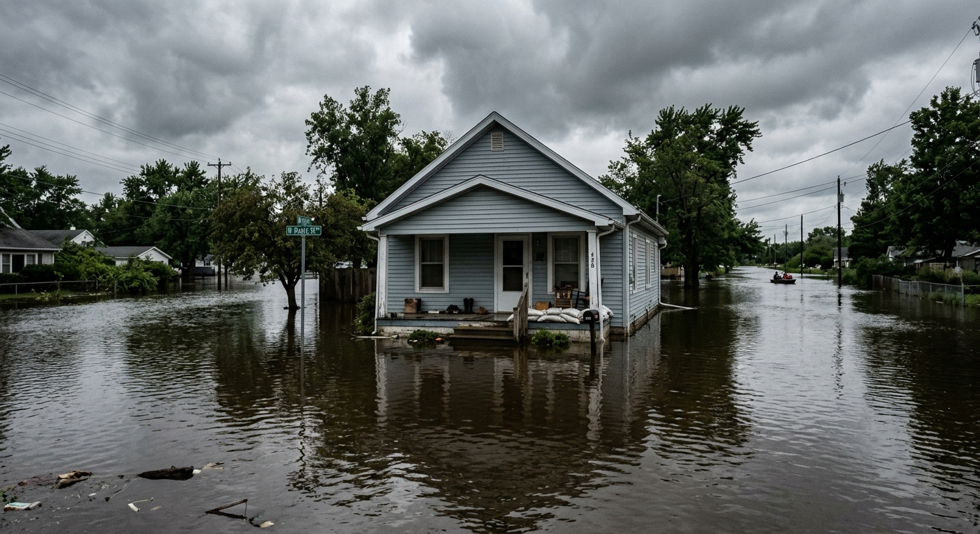 Floodwater rising around a residential home on a suburban Ohio street after heavy rainfall