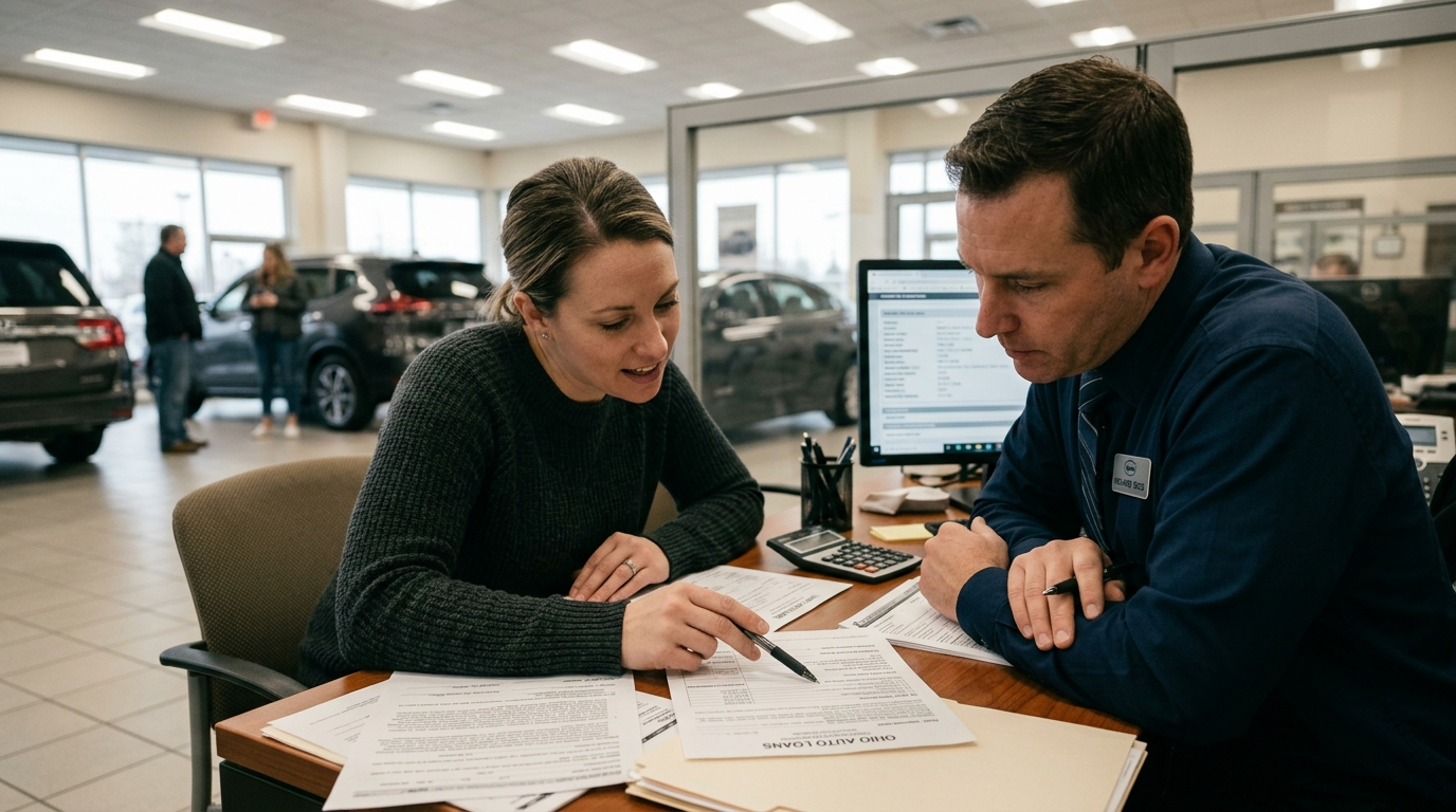 Car loan documents and keys on a desk beside a calculator showing a loan balance figure