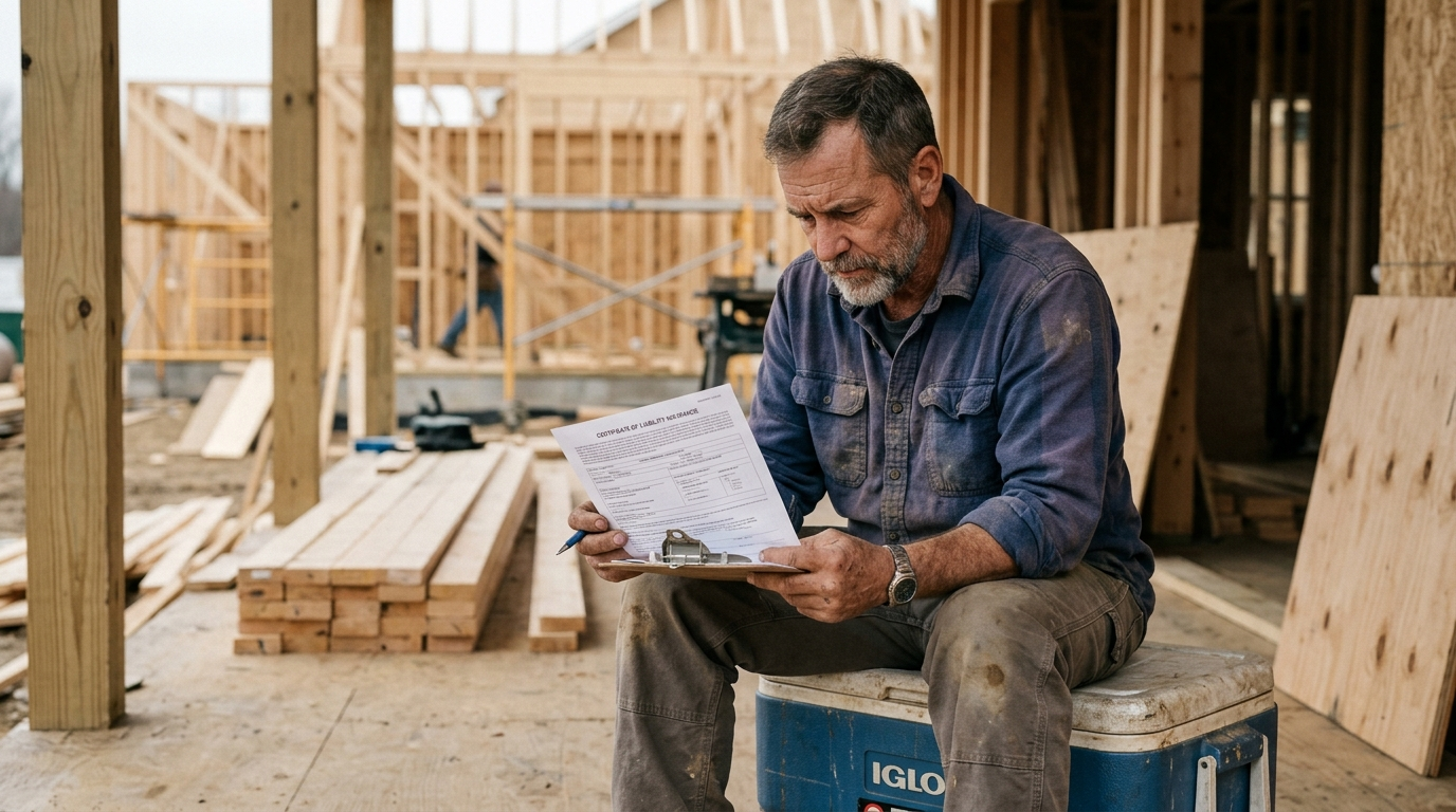 Ohio contractor in a hard hat reviewing blueprints on a residential construction site on a sunny day