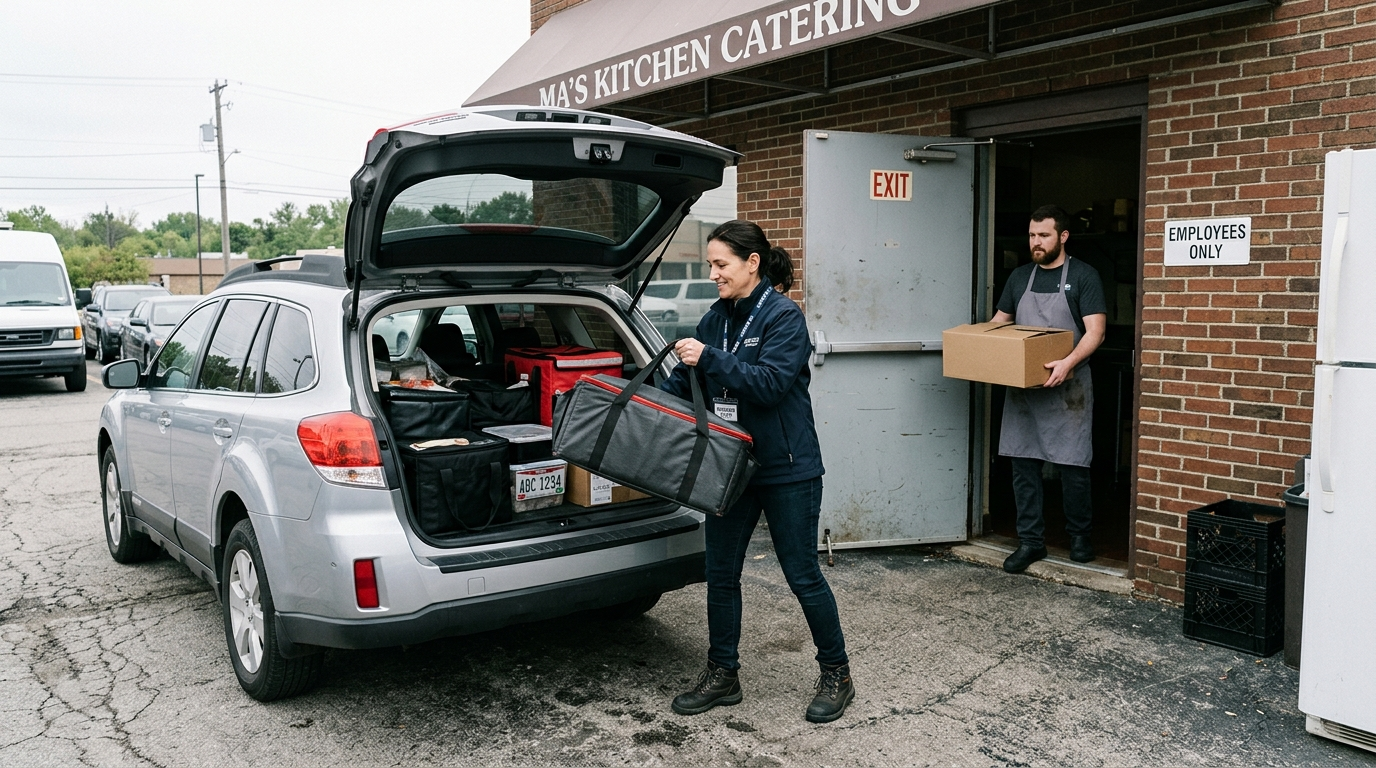 Business employee in a personal vehicle parked outside an Ohio commercial building, ready to make a work errand run
