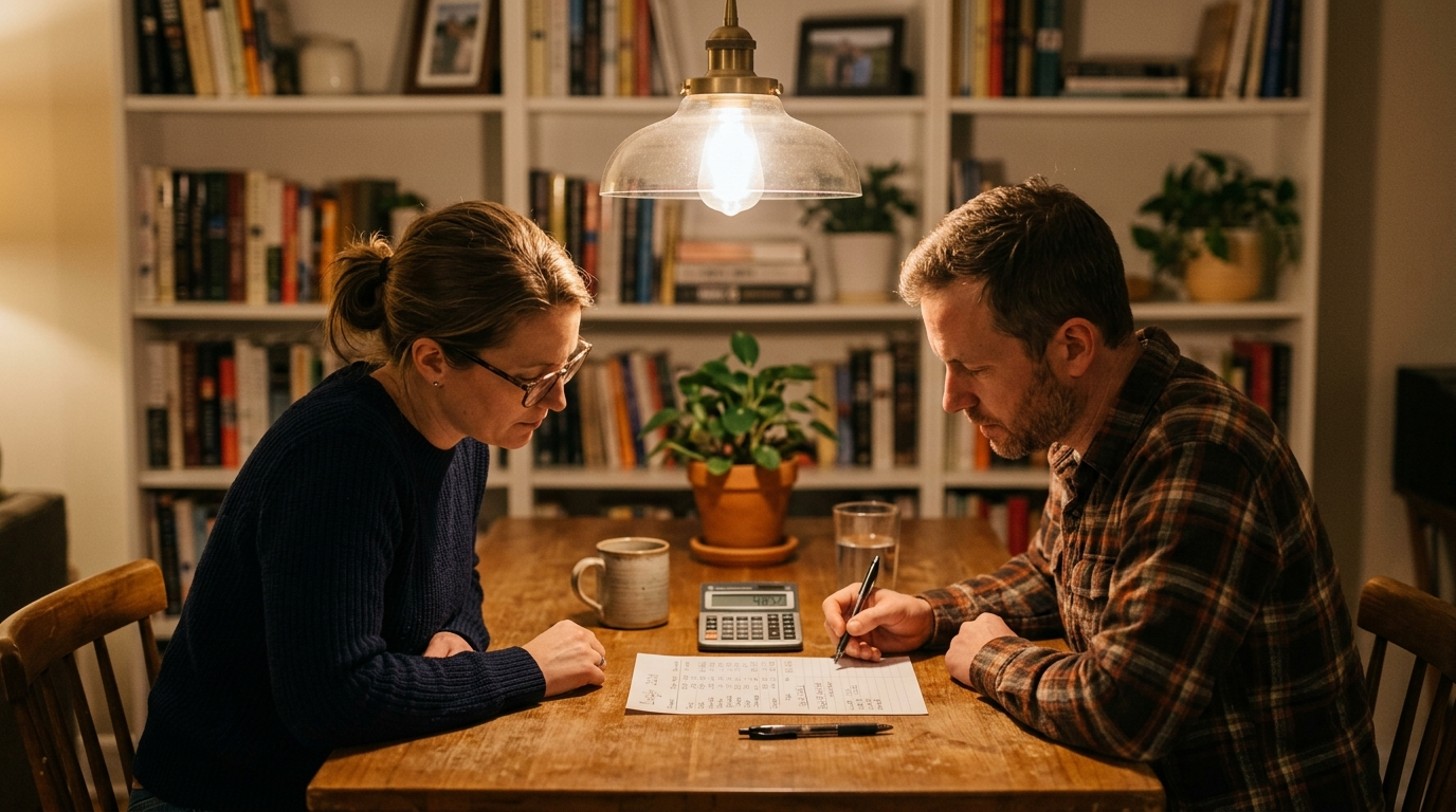 Ohio family sitting at a kitchen table reviewing life insurance documents with a calculator and notepad nearby