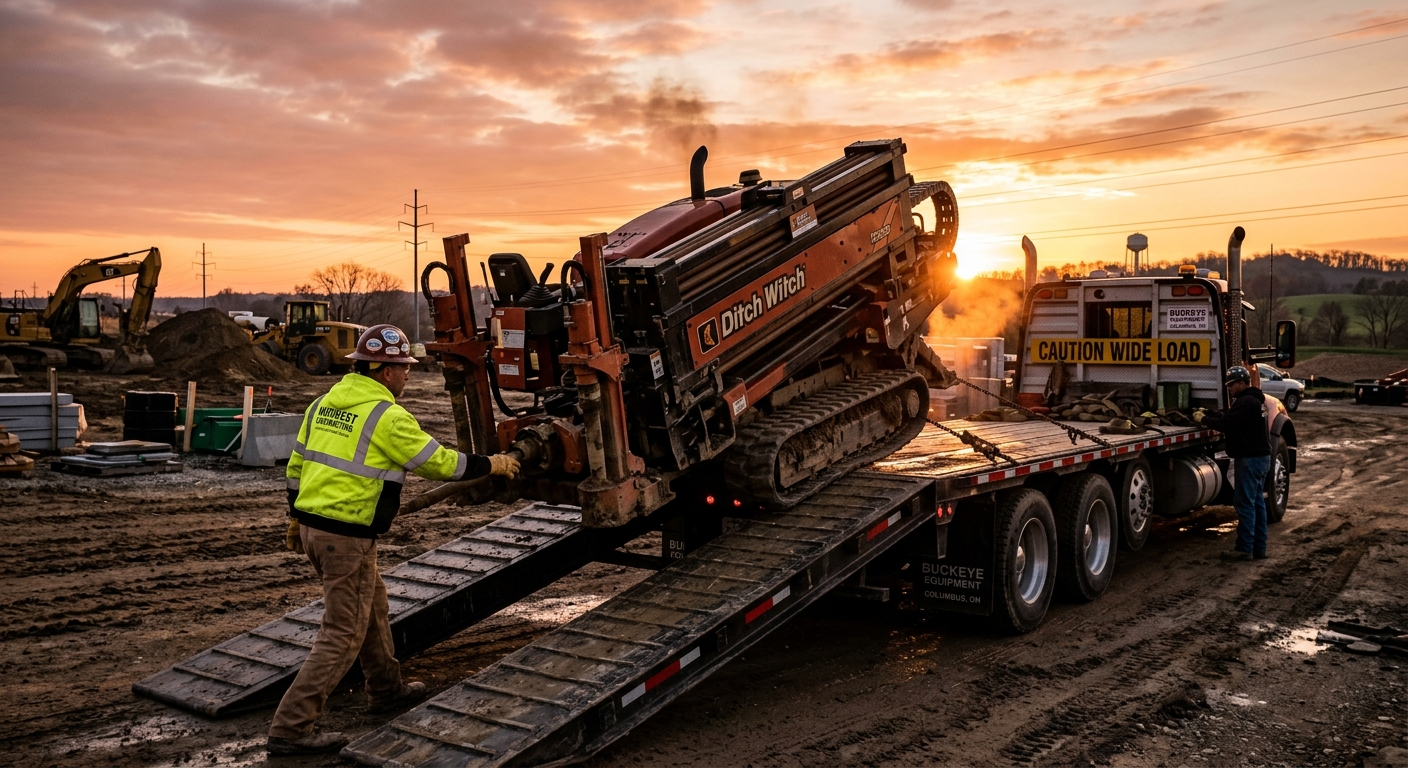 Ohio contractor loading power tools and equipment into a work trailer at a job site on a cloudy morning