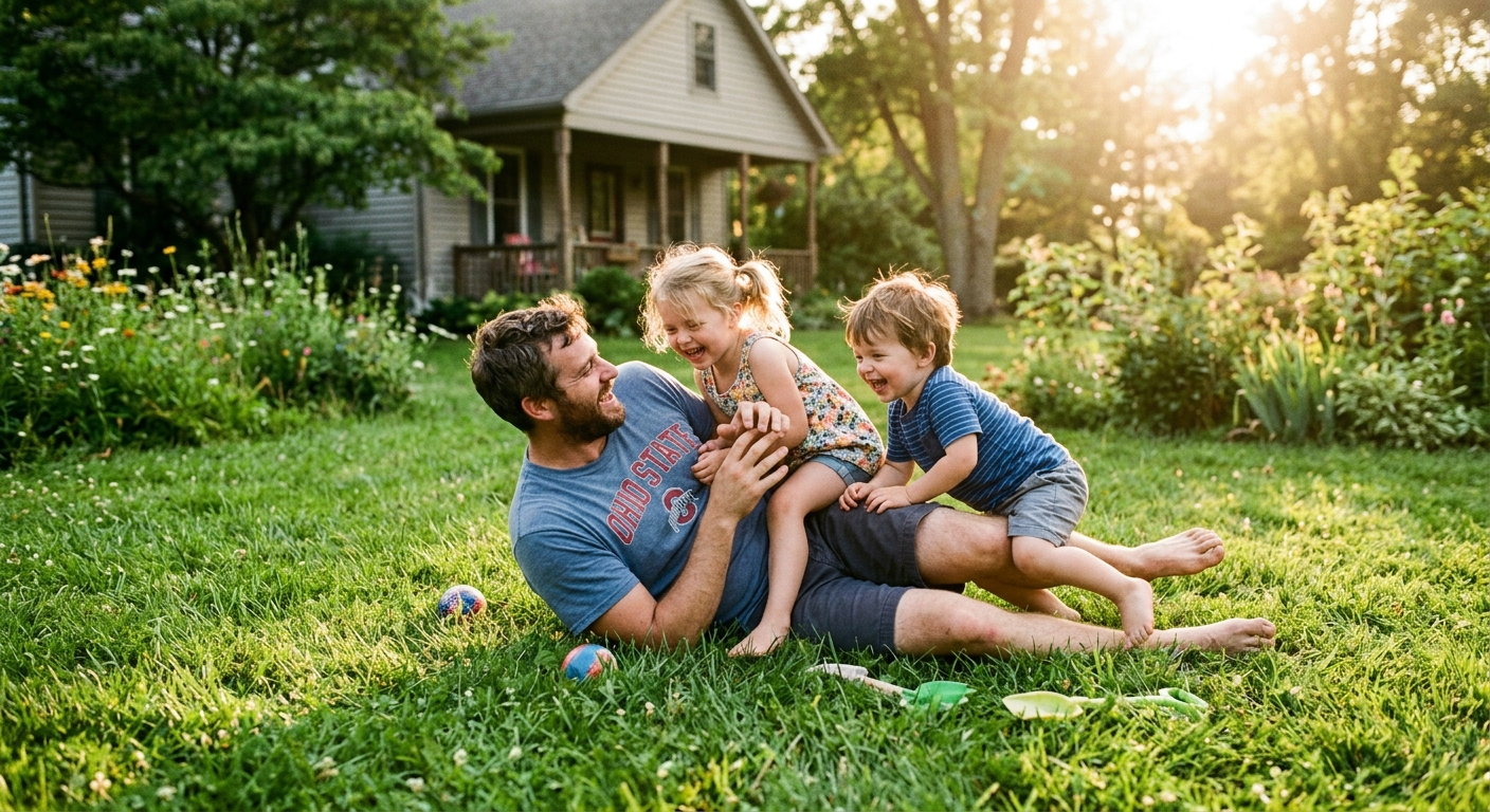 Parent reviewing life insurance documents at a kitchen table with young children nearby in an Ohio home