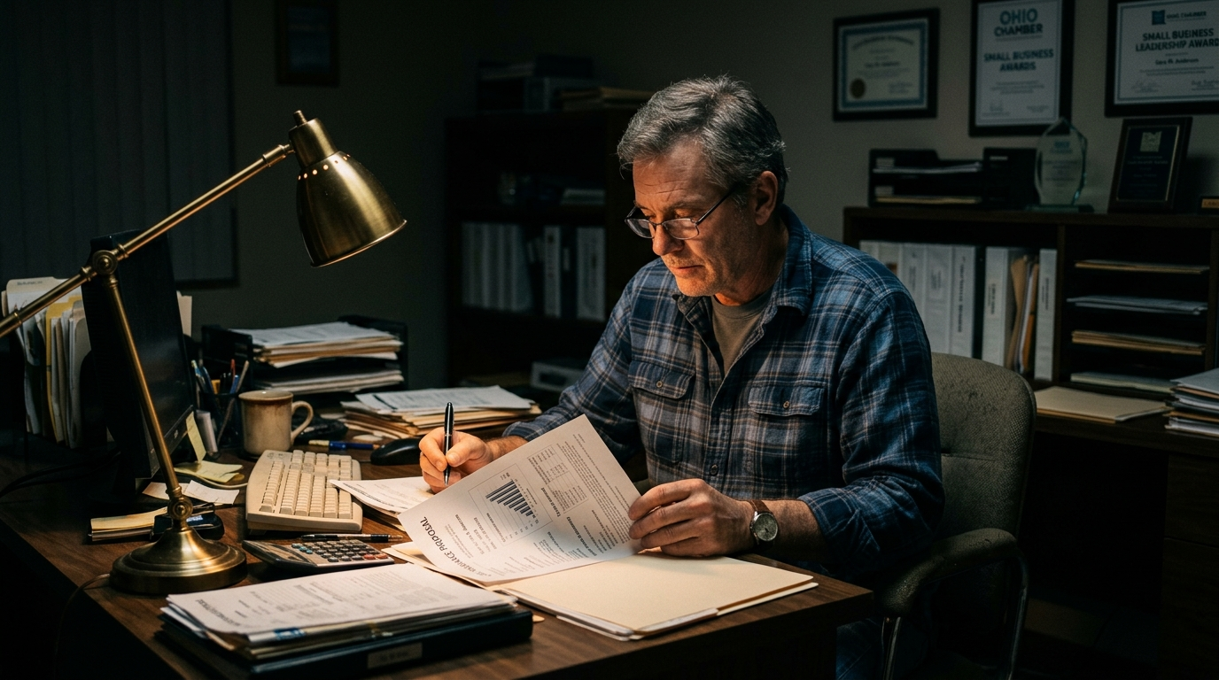 Small business owner at a desk reviewing insurance documents in a northwest Ohio office