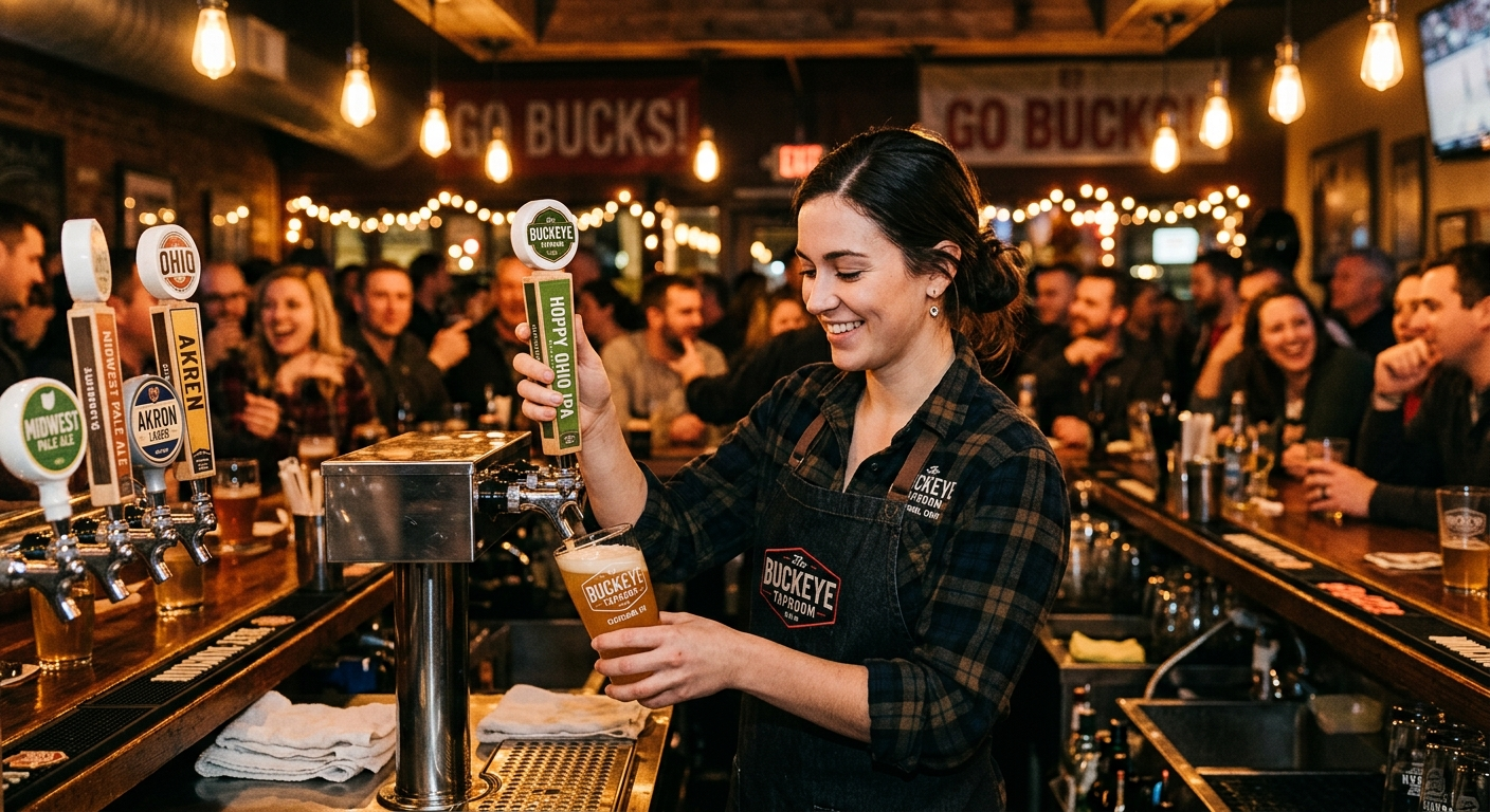 Bartender checking ID of a customer at a busy Ohio bar, bottles of liquor on shelves in the background