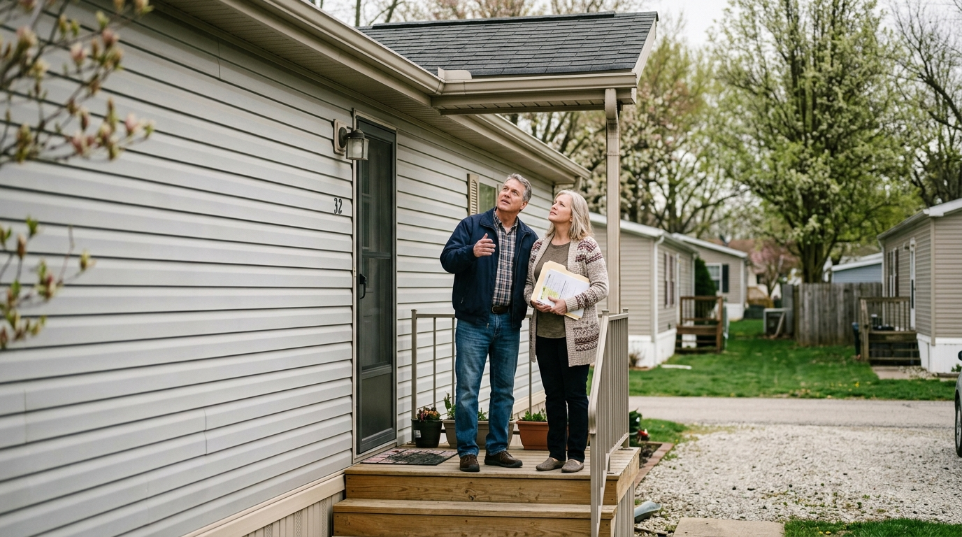 Manufactured home on a sunny Ohio lot with a detached carport and green lawn in a residential mobile home community