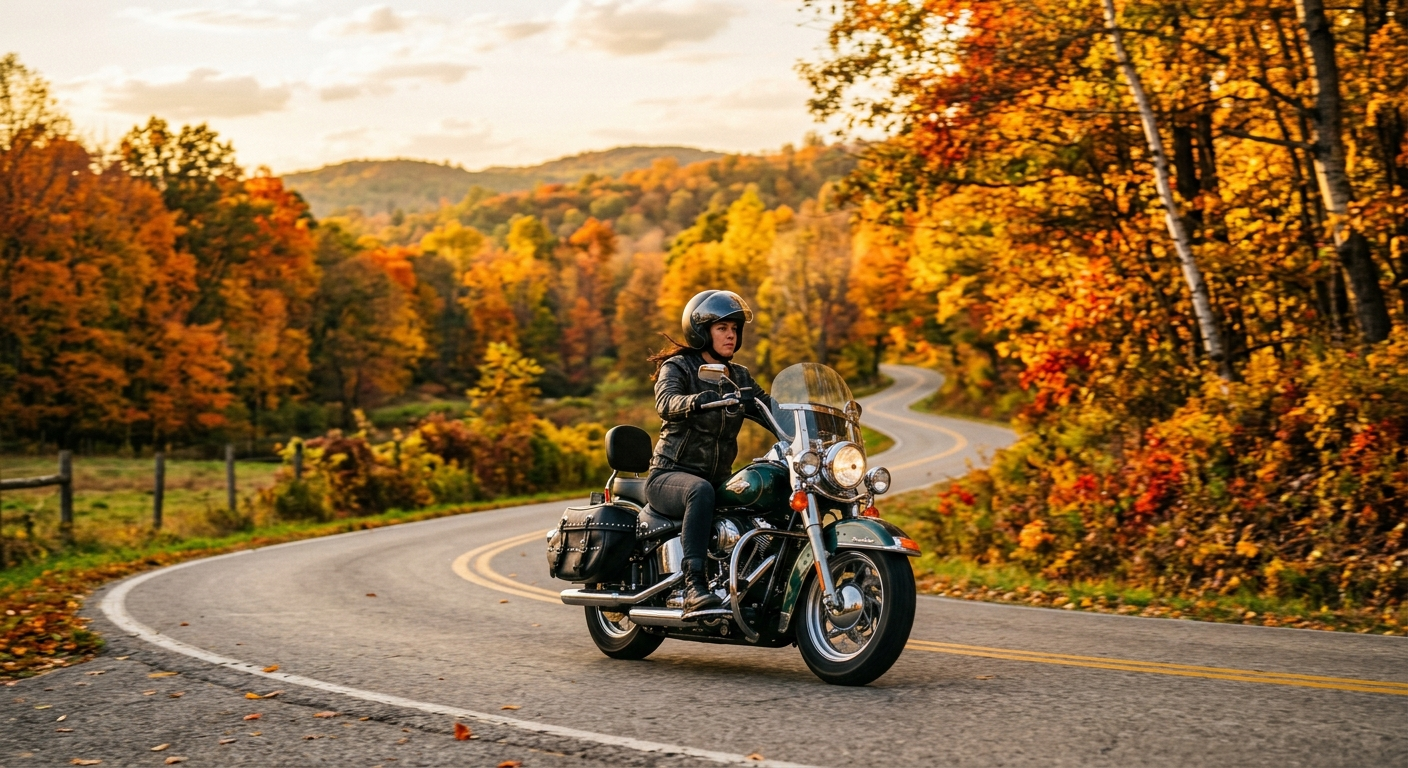 Motorcycle parked on a rural Ohio road on a clear spring day with flat farmland visible in the background
