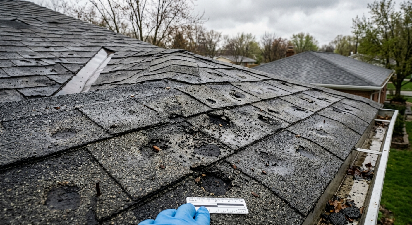 Hail-damaged asphalt shingles on an Ohio home roof after a summer thunderstorm, with dented gutters visible along the