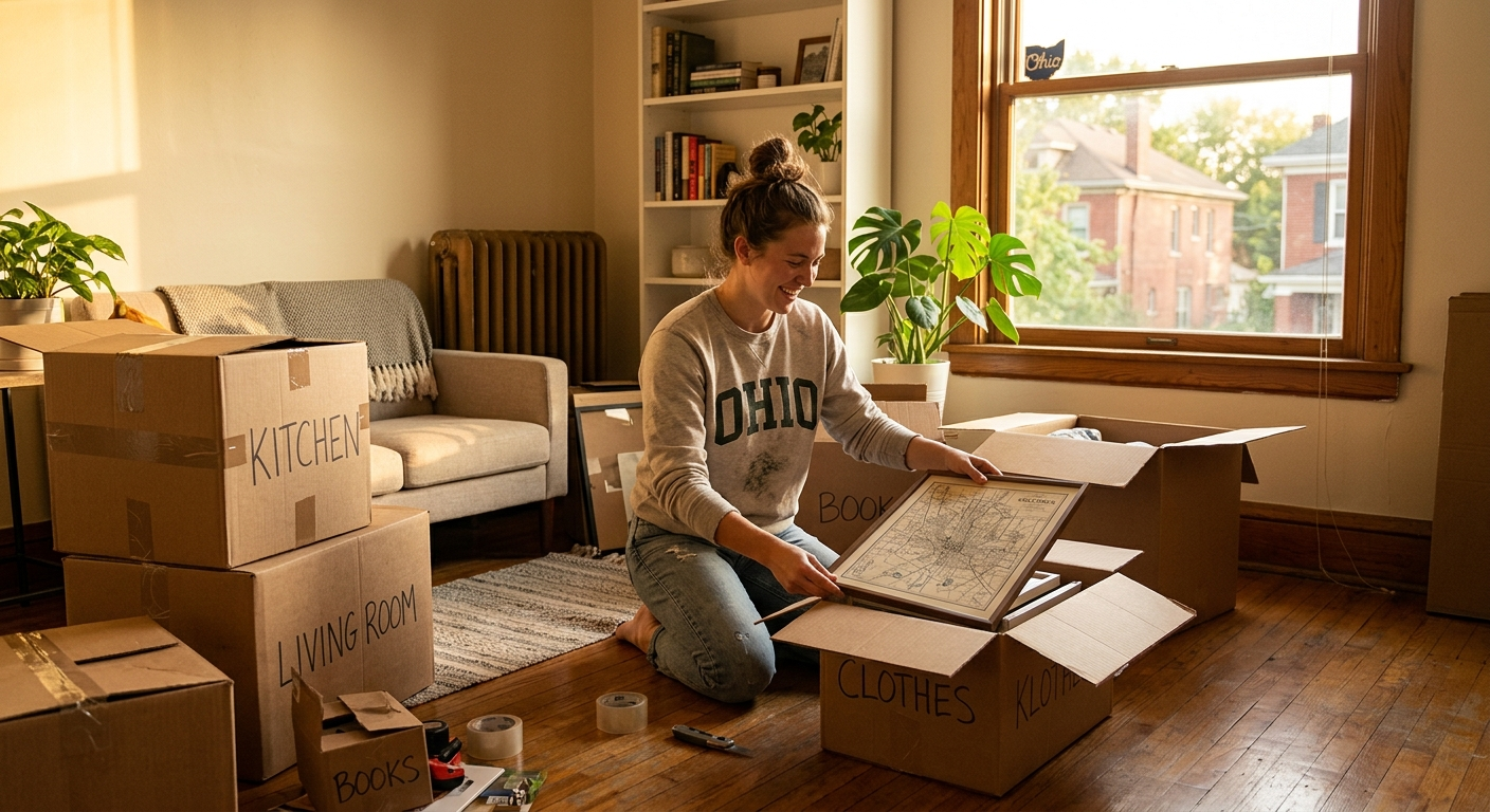 Young woman reviewing renters insurance documents at a desk in a Lima, Ohio apartment