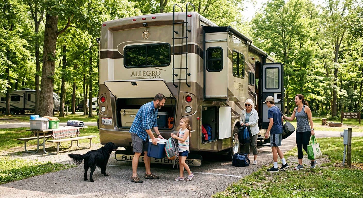 A large Class A motorhome parked at a scenic Ohio campground surrounded by autumn trees